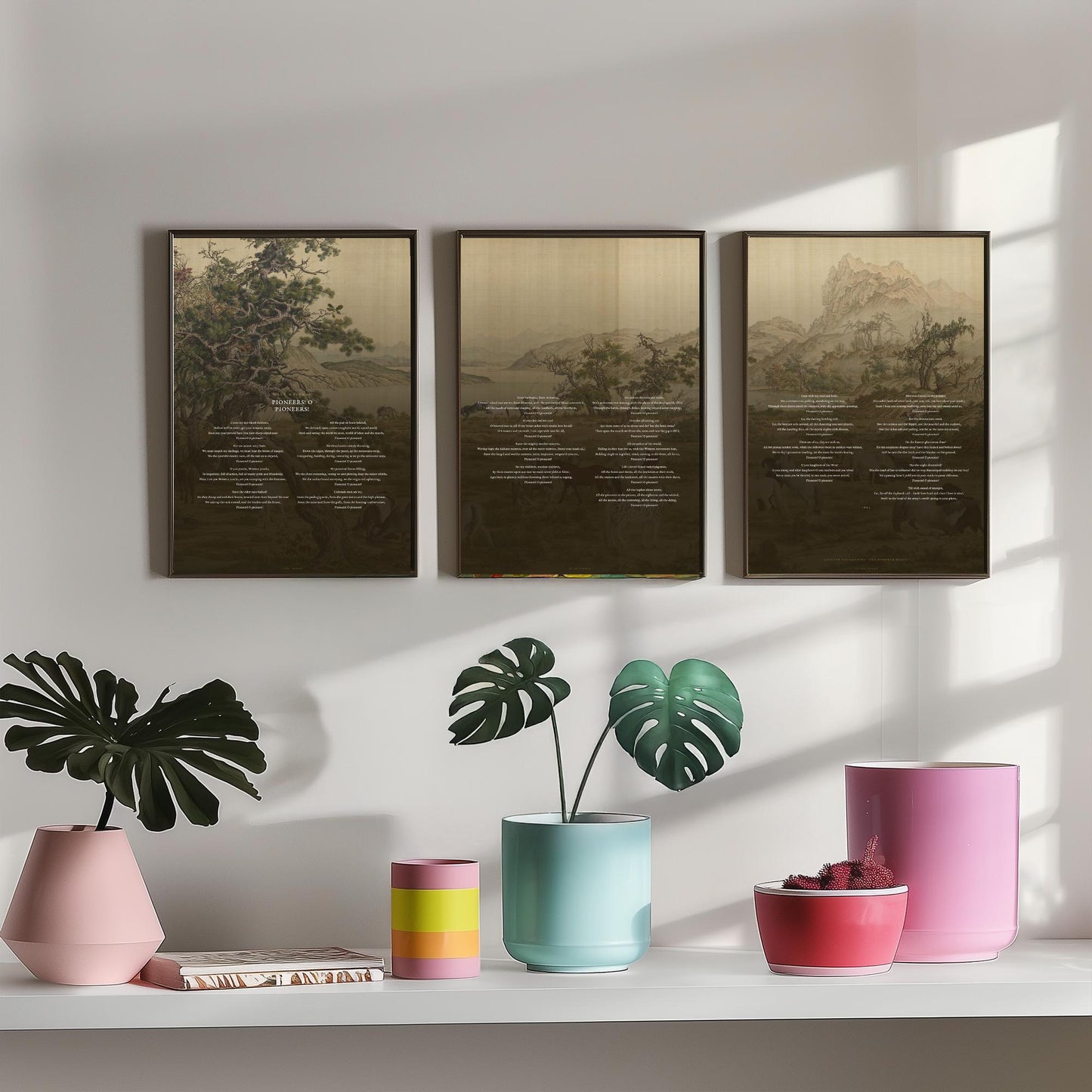 Pioneers O Pioneers by Walt Whitman Set of Three Art Prints - Full Poem over Castiglione Hundred Horses Painting - Poetry Poster Triptych