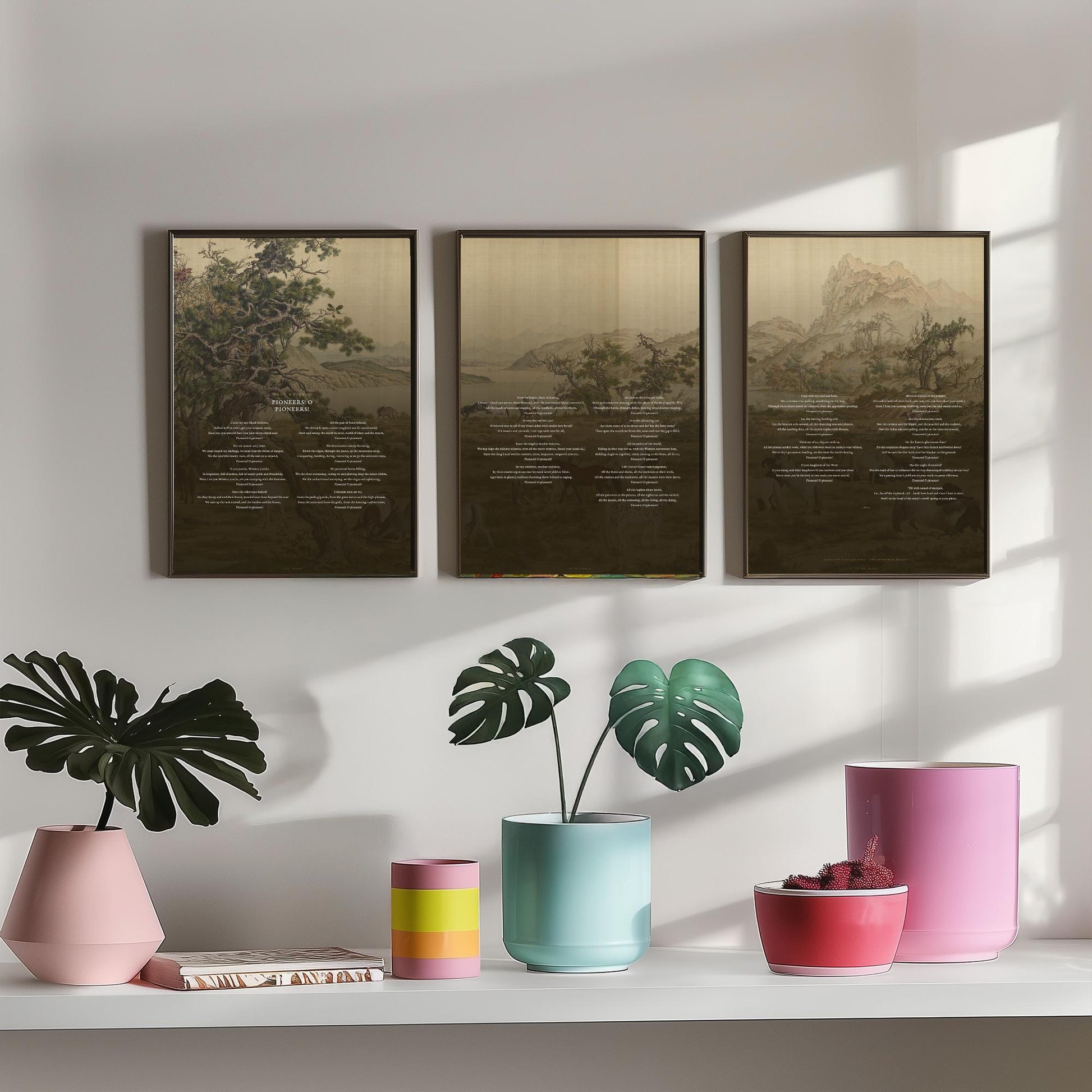 Pioneers O Pioneers by Walt Whitman Set of Three Art Prints - Full Poem over Castiglione Hundred Horses Painting - Poetry Poster Triptych