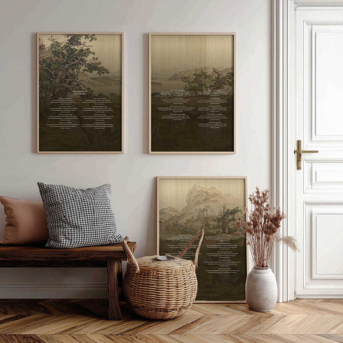 Pioneers O Pioneers by Walt Whitman Set of Three Art Prints - Full Poem over Castiglione Hundred Horses Painting - Poetry Poster Triptych