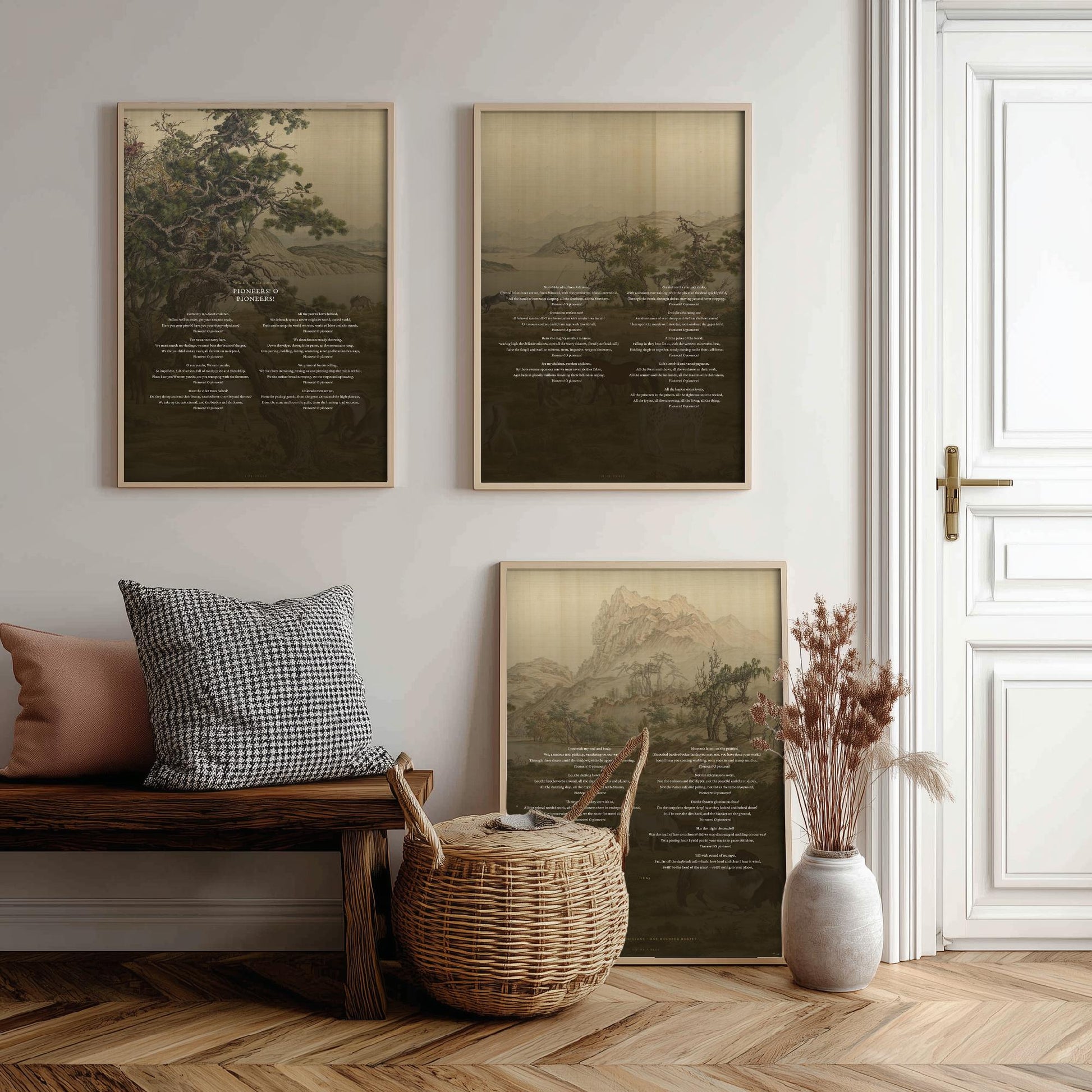 Pioneers O Pioneers by Walt Whitman Set of Three Art Prints - Full Poem over Castiglione Hundred Horses Painting - Poetry Poster Triptych