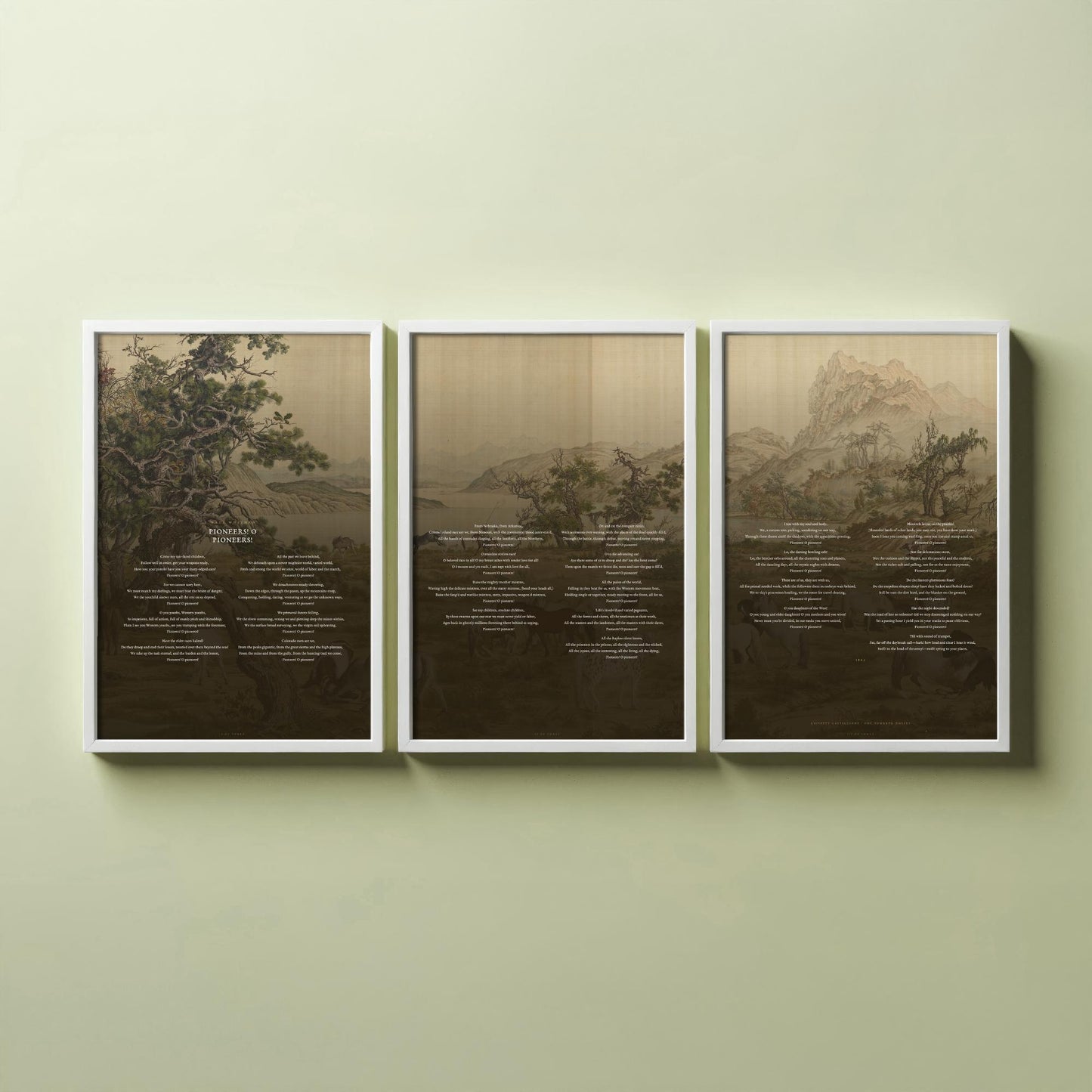 Pioneers O Pioneers by Walt Whitman Set of Three Art Prints - Full Poem over Castiglione Hundred Horses Painting - Poetry Poster Triptych