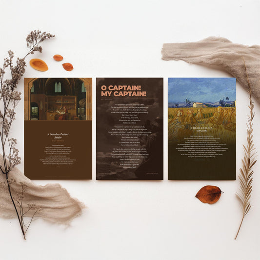 Walt Whitman Set of Three Art Prints - O Captain My Captain, I Hear America Singing, A Noiseless Patient Spider - Poetry Poster Paintings