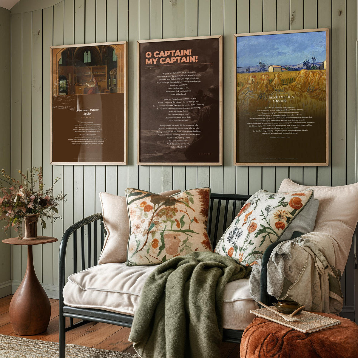 Walt Whitman Set of Three Art Prints - O Captain My Captain, I Hear America Singing, A Noiseless Patient Spider - Poetry Poster Paintings