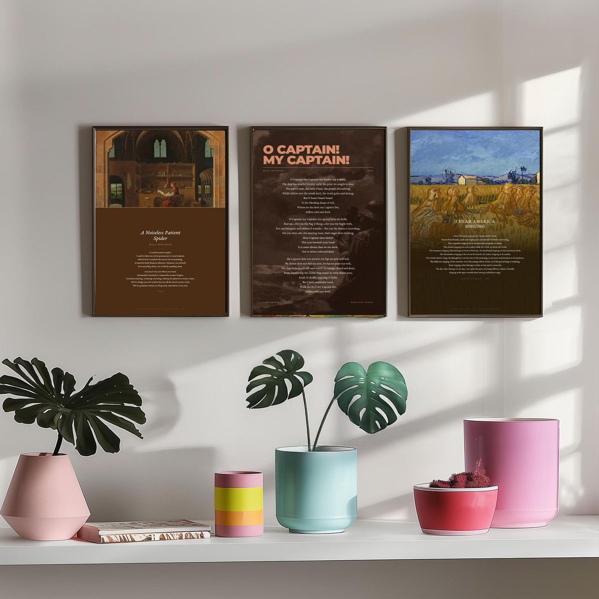 Walt Whitman Set of Three Art Prints - O Captain My Captain, I Hear America Singing, A Noiseless Patient Spider - Poetry Poster Paintings