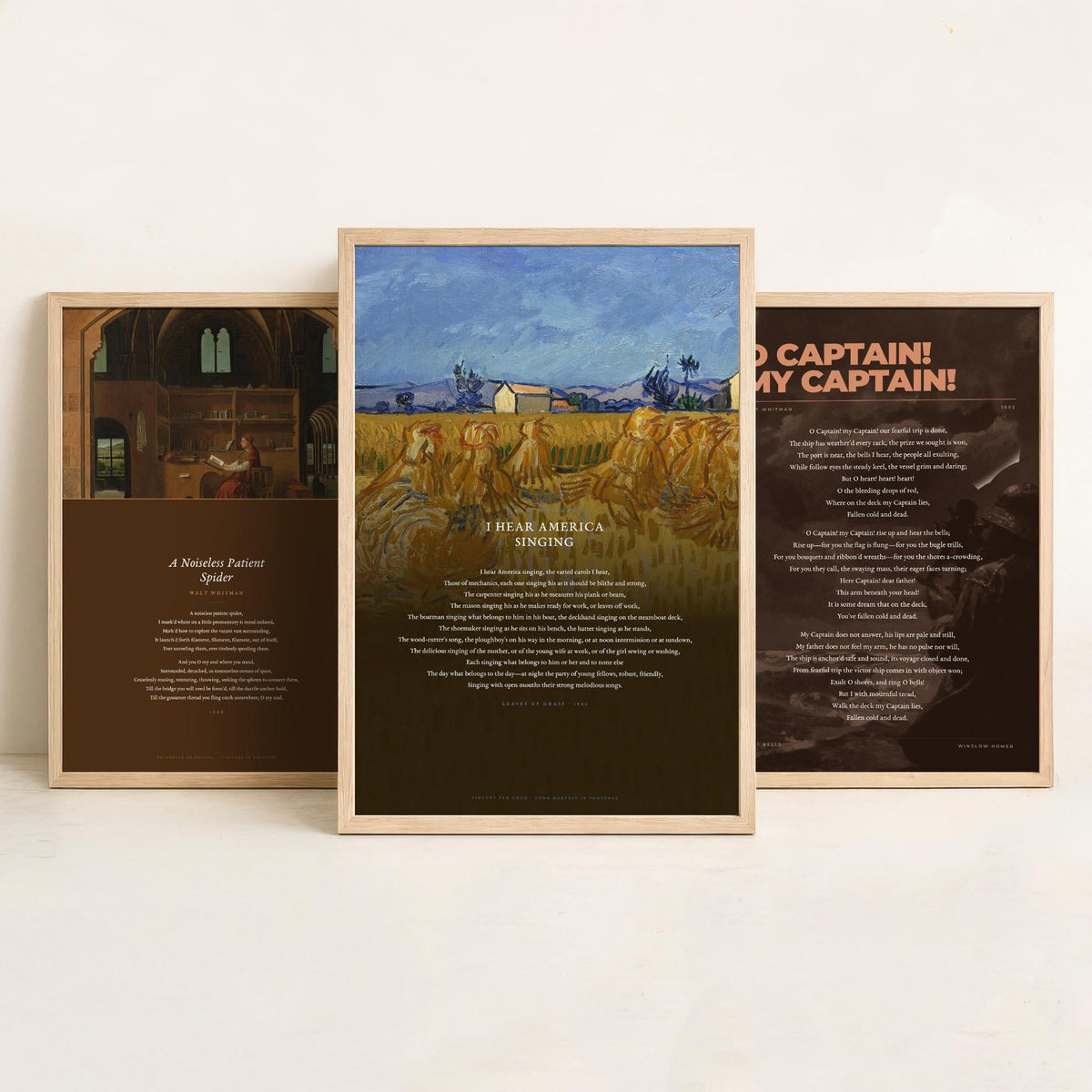 Walt Whitman Set of Three Art Prints - O Captain My Captain, I Hear America Singing, A Noiseless Patient Spider - Poetry Poster Paintings