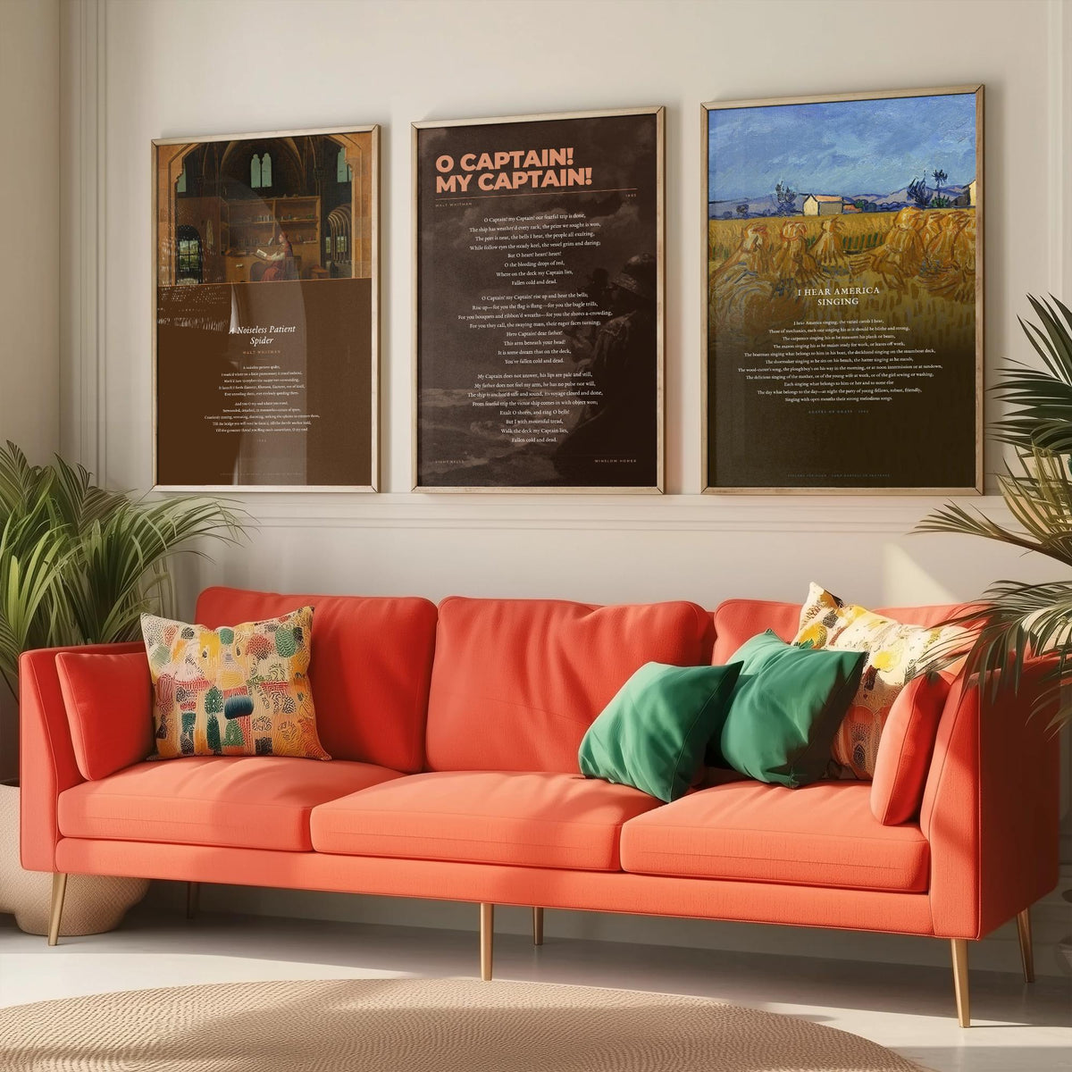 Walt Whitman Set of Three Art Prints - O Captain My Captain, I Hear America Singing, A Noiseless Patient Spider - Poetry Poster Paintings