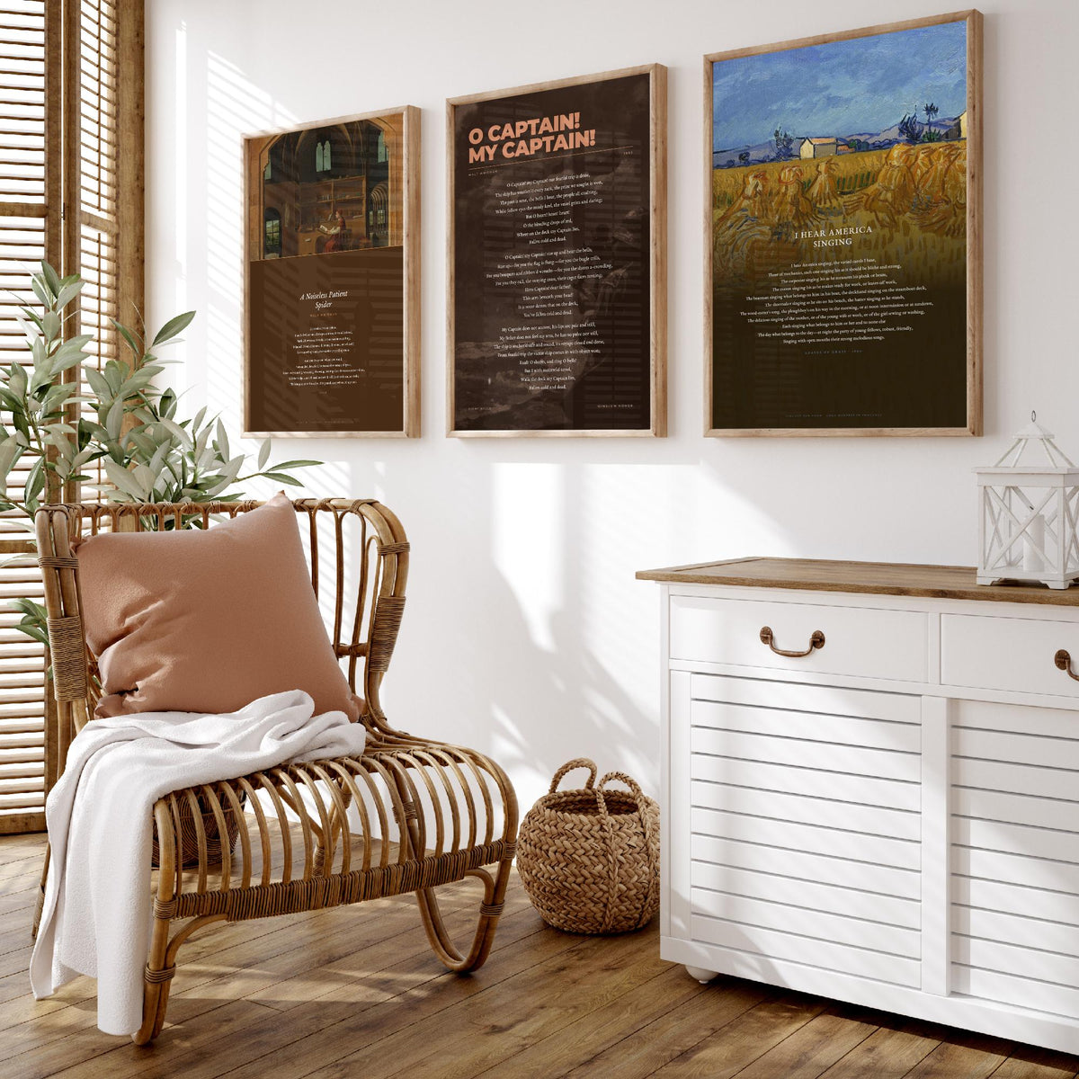 Walt Whitman Set of Three Art Prints - O Captain My Captain, I Hear America Singing, A Noiseless Patient Spider - Poetry Poster Paintings