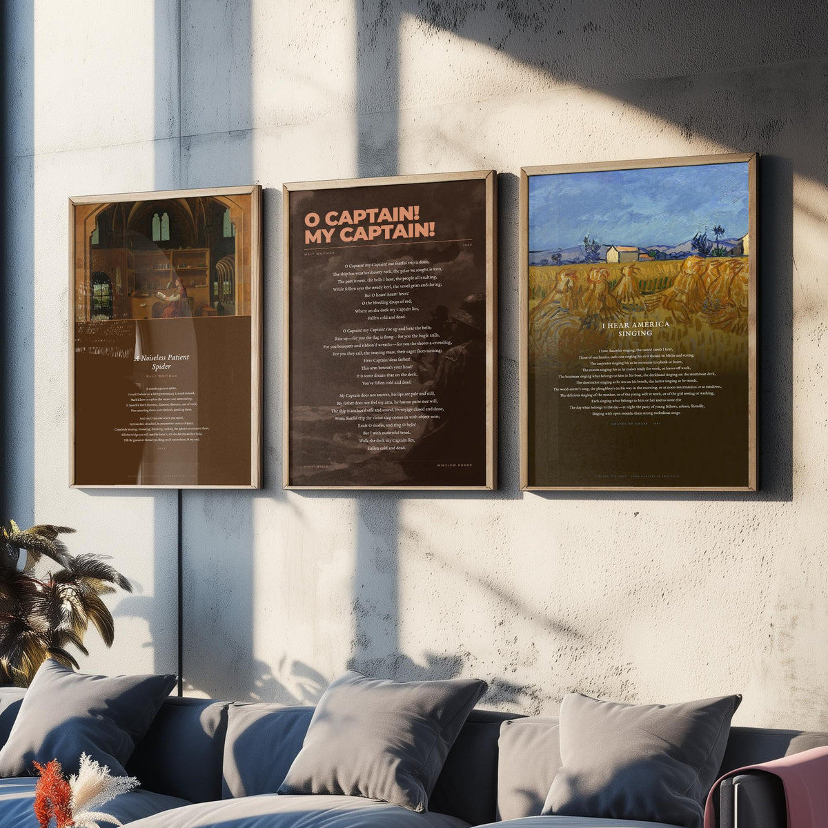 Walt Whitman Set of Three Art Prints - O Captain My Captain, I Hear America Singing, A Noiseless Patient Spider - Poetry Poster Paintings