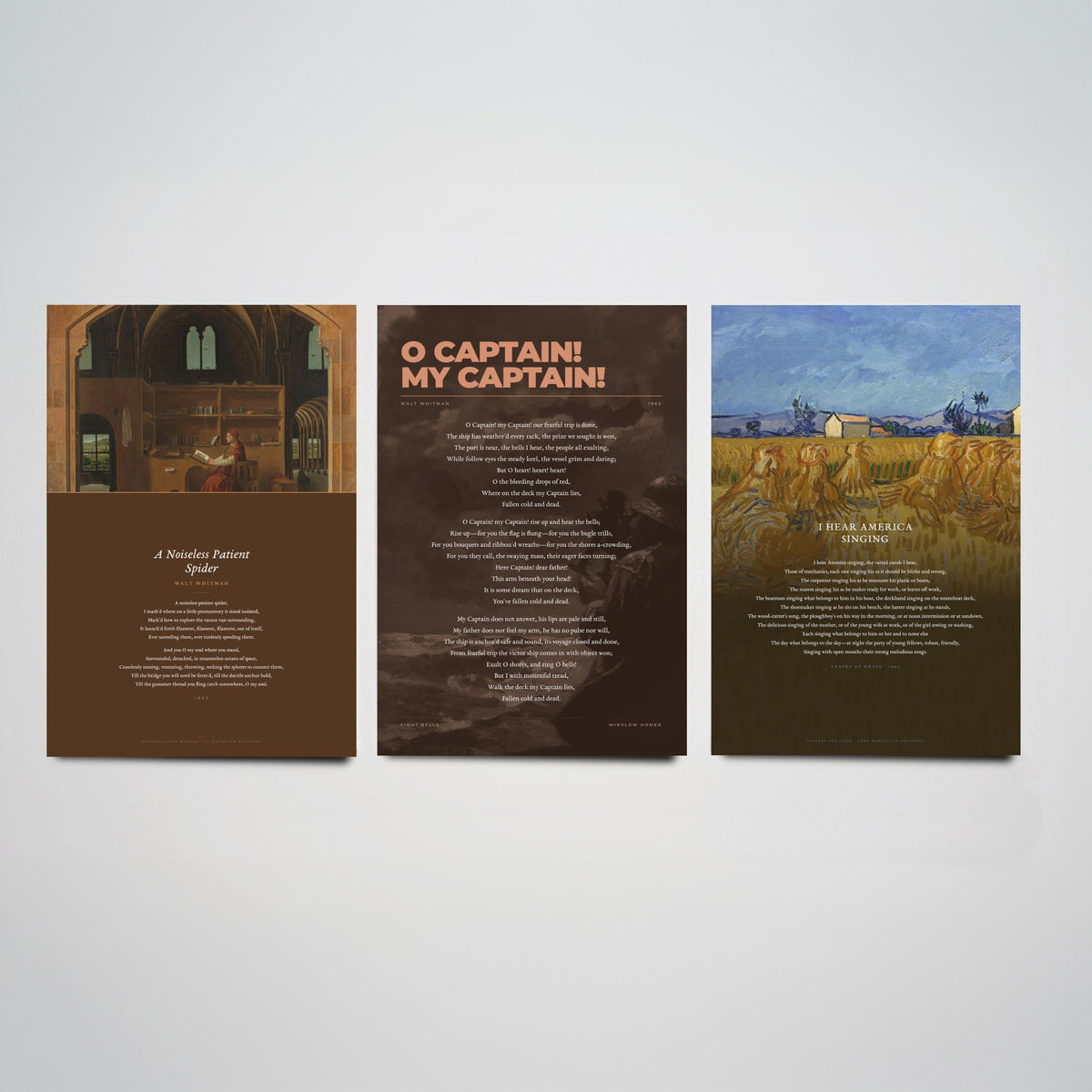 Walt Whitman Set of Three Art Prints - O Captain My Captain, I Hear America Singing, A Noiseless Patient Spider - Poetry Poster Paintings