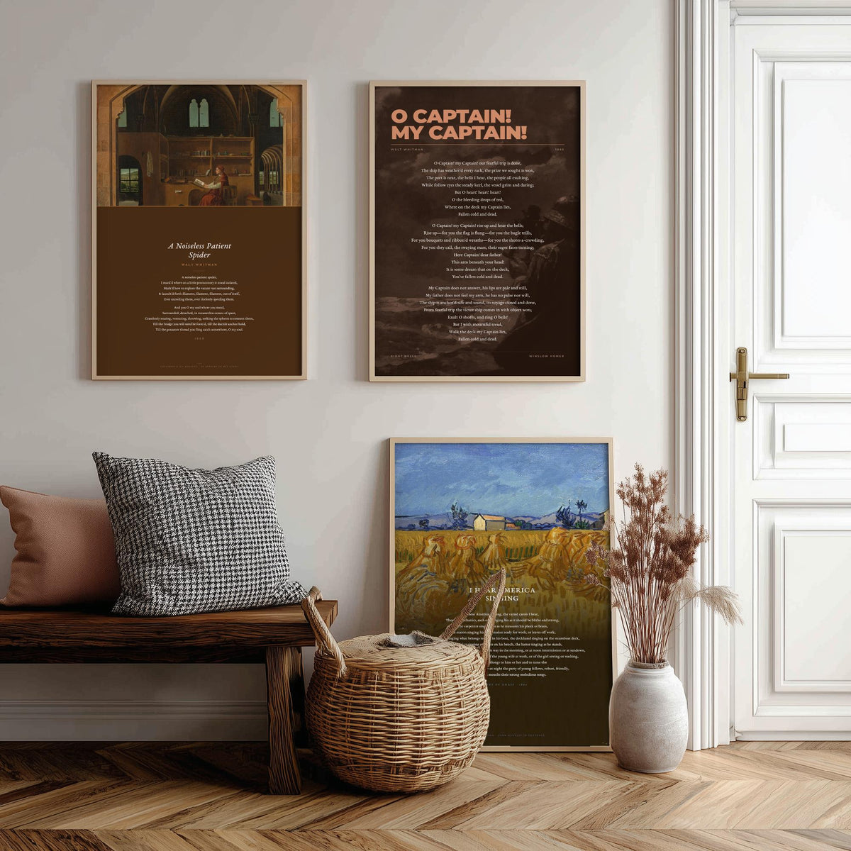 Walt Whitman Set of Three Art Prints - O Captain My Captain, I Hear America Singing, A Noiseless Patient Spider - Poetry Poster Paintings