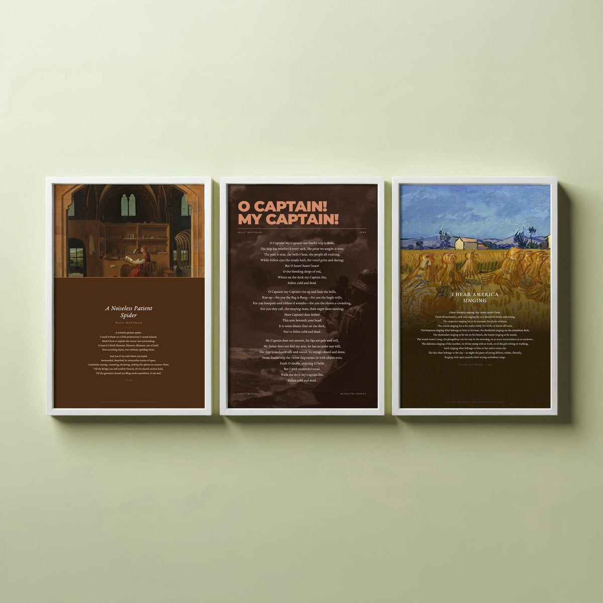 Walt Whitman Set of Three Art Prints - O Captain My Captain, I Hear America Singing, A Noiseless Patient Spider - Poetry Poster Paintings