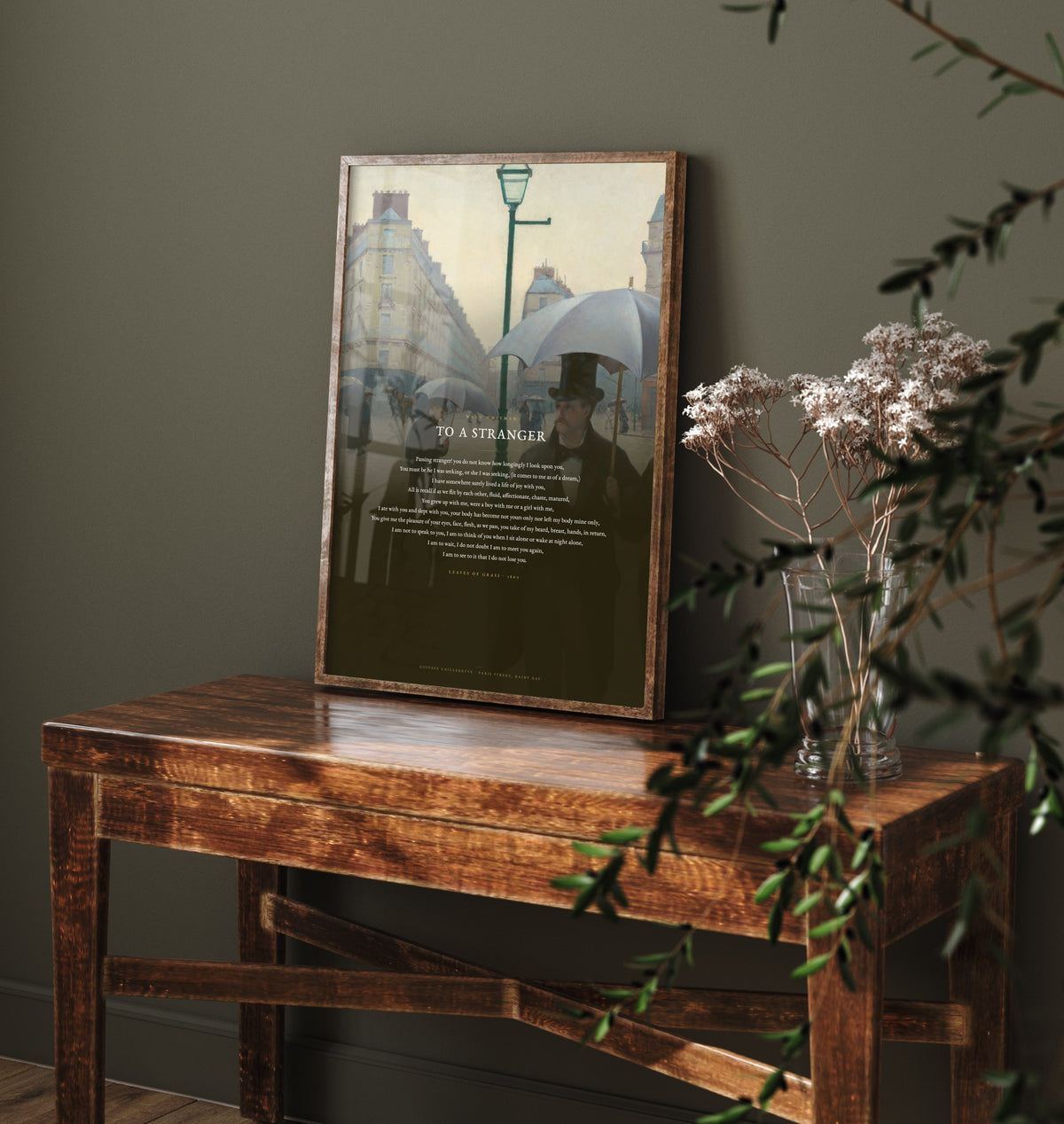 To a Stranger by Walt Whitman Art Print - Full Poem over Caillebotte Paris Street Rainy Day Painting - Poetry Poster - Leaves of Grass