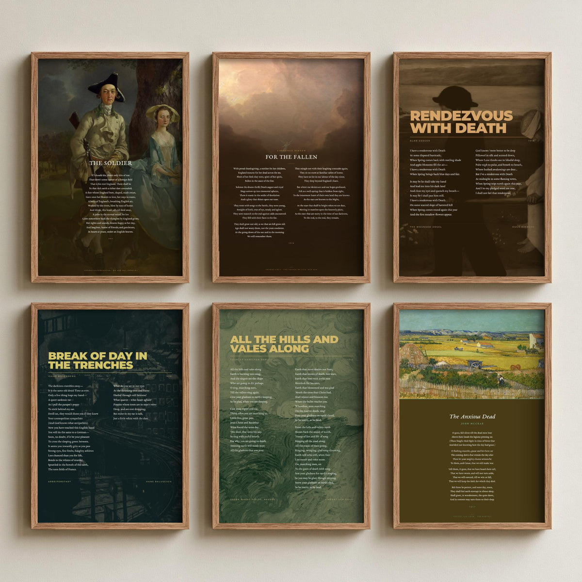 Set of Six War Poems Art Prints - The Soldier, For the Fallen, Rendezvous with Death, Break of Day in the Trenches - Poem Painting Posters
