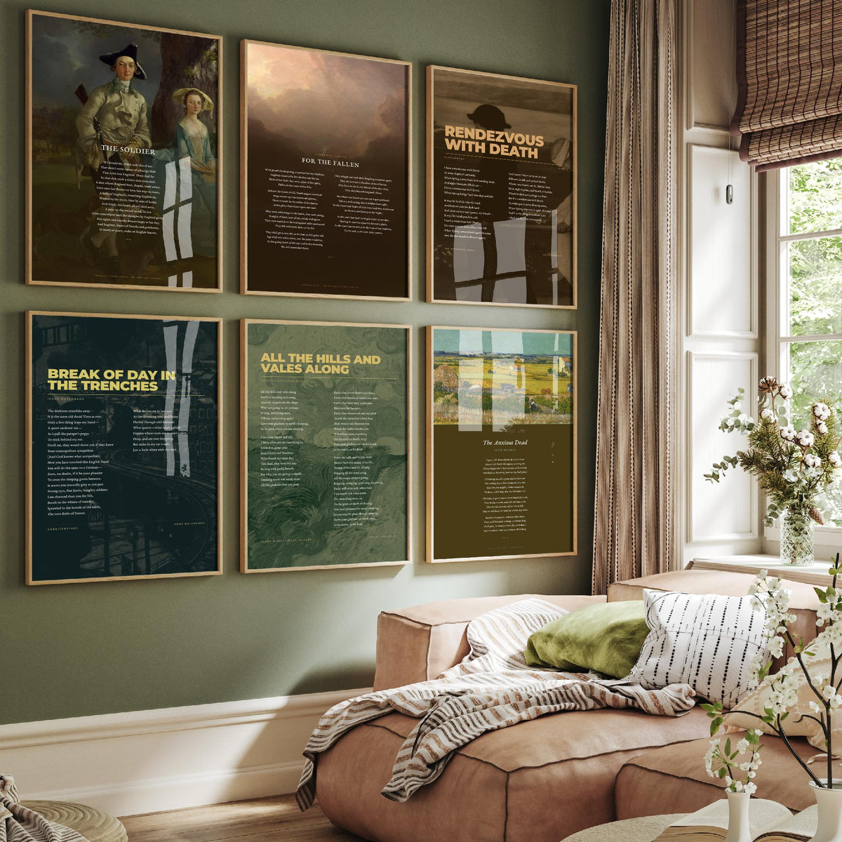 Set of Six War Poems Art Prints - The Soldier, For the Fallen, Rendezvous with Death, Break of Day in the Trenches - Poem Painting Posters