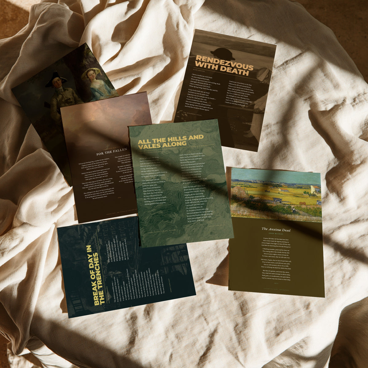 Set of Six War Poems Art Prints - The Soldier, For the Fallen, Rendezvous with Death, Break of Day in the Trenches - Poem Painting Posters