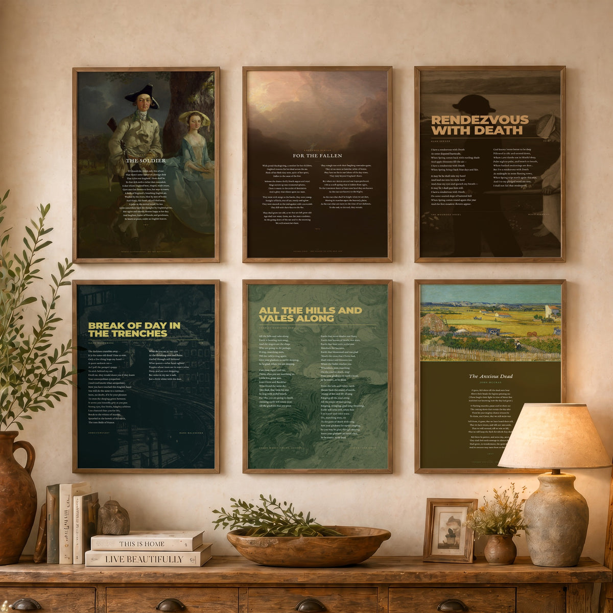 Set of Six War Poems Art Prints - The Soldier, For the Fallen, Rendezvous with Death, Break of Day in the Trenches - Poem Painting Posters