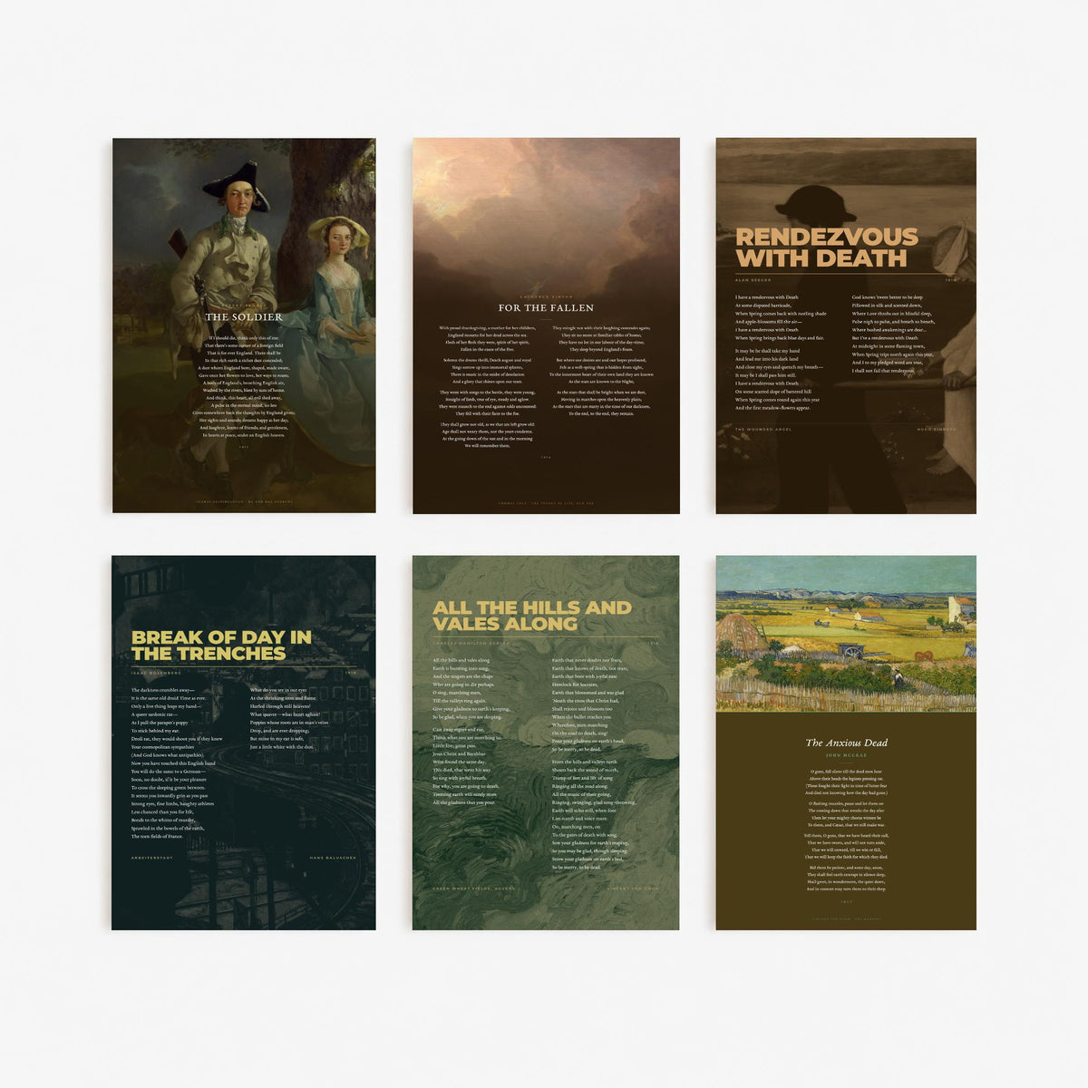 Set of Six War Poems Art Prints - The Soldier, For the Fallen, Rendezvous with Death, Break of Day in the Trenches - Poem Painting Posters