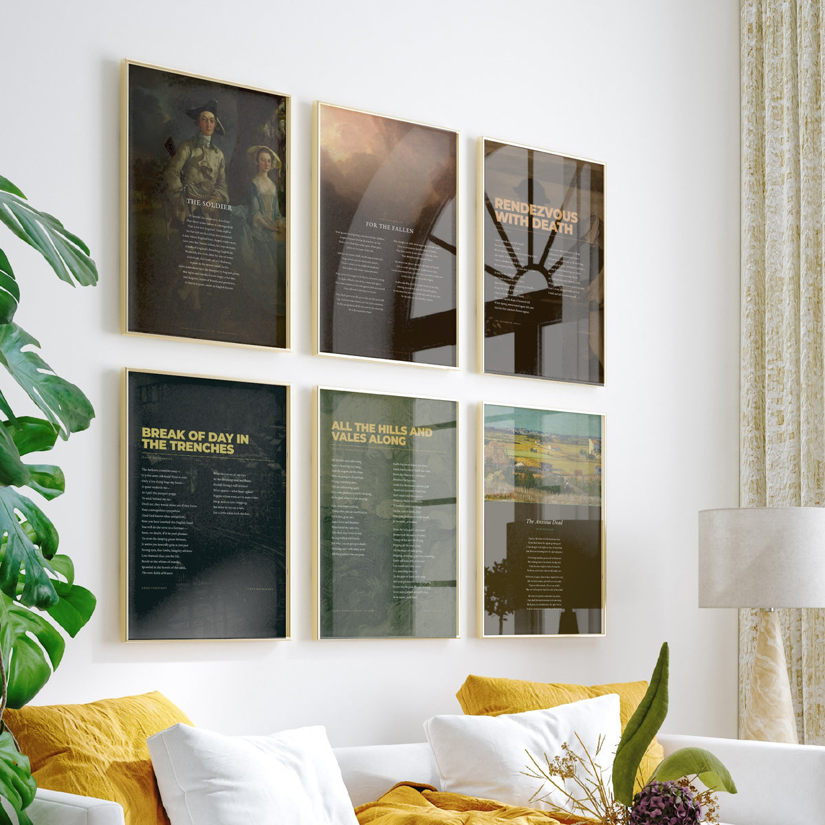 Set of Six War Poems Art Prints - The Soldier, For the Fallen, Rendezvous with Death, Break of Day in the Trenches - Poem Painting Posters