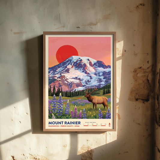 Mount Rainier Sunset Travel Poster - Elk Lupine Meadow Art Print - Washington Illustration - Pierce County 1/3