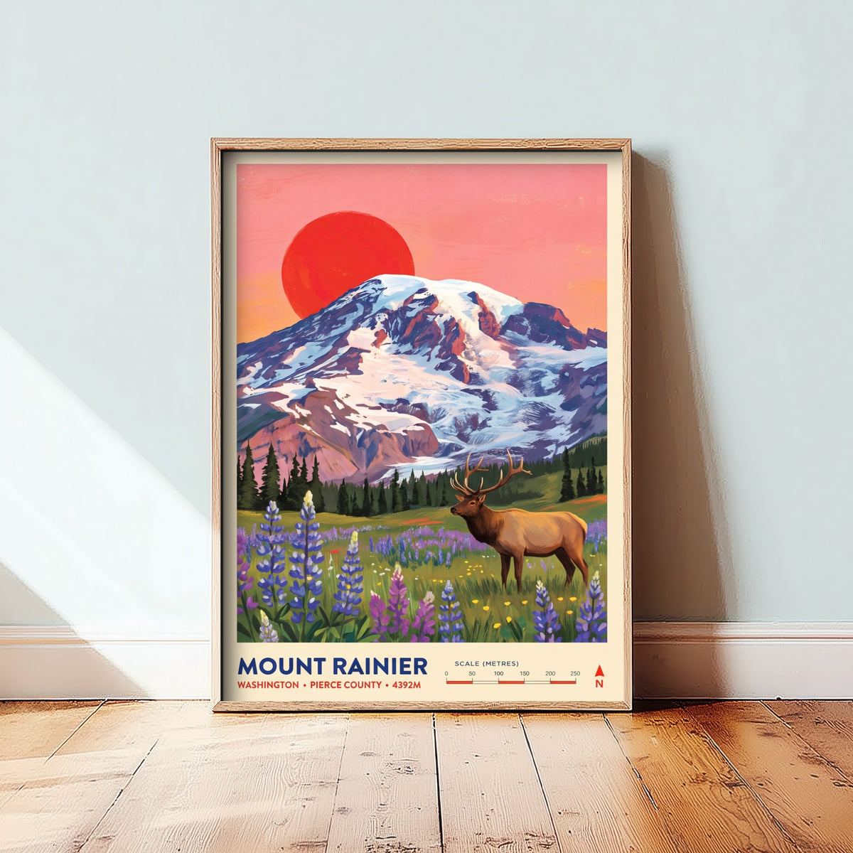Mount Rainier Sunset Travel Poster - Elk Lupine Meadow Art Print - Washington Illustration - Pierce County 1/3