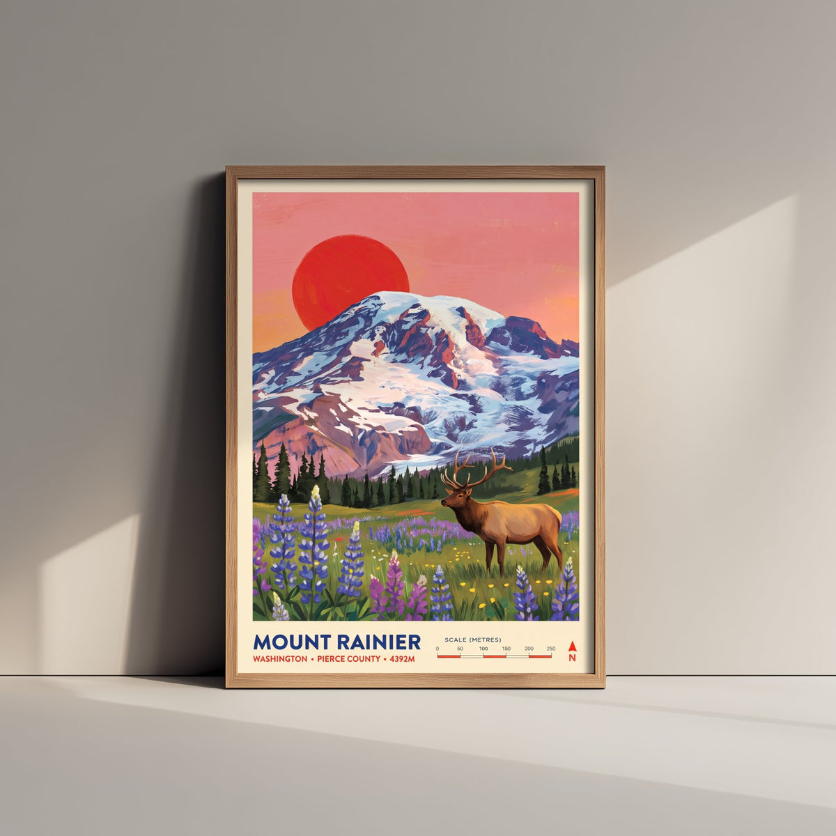 Mount Rainier Sunset Travel Poster - Elk Lupine Meadow Art Print - Washington Illustration - Pierce County 1/3