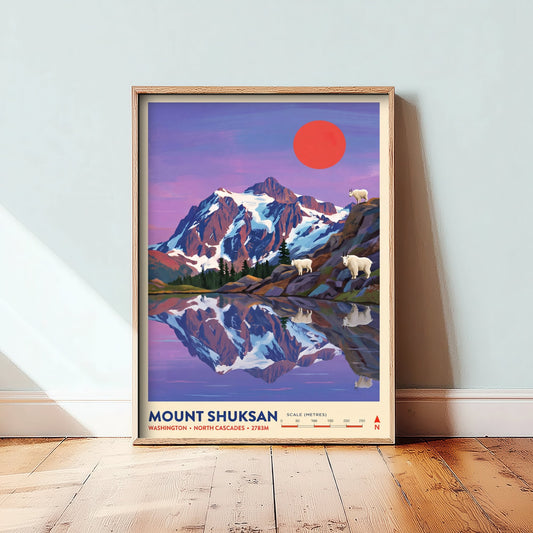 Mount Shuksan Travel Poster - North Cascades Art Print - Mountain Goats Lake Reflection Illustration - Washington 2/3