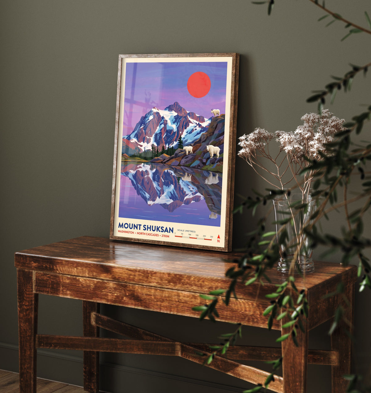 Mount Shuksan Travel Poster - North Cascades Art Print - Mountain Goats Lake Reflection Illustration - Washington 2/3
