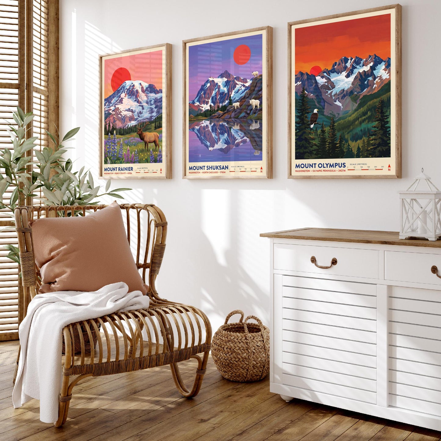 Washington Peaks Set of Three Art Prints - Mount Rainier, Mount Shuksan, Mount Olympus - USA Mountain Travel Posters - Painting