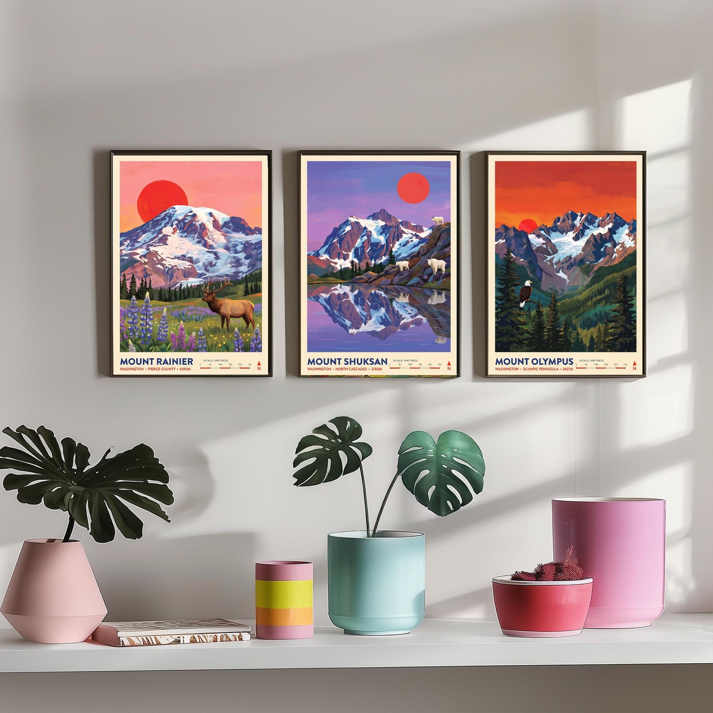 Washington Peaks Set of Three Art Prints - Mount Rainier, Mount Shuksan, Mount Olympus - USA Mountain Travel Posters - Painting