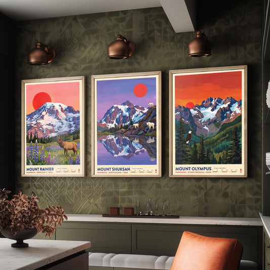 Washington Peaks Set of Three Art Prints - Mount Rainier, Mount Shuksan, Mount Olympus - USA Mountain Travel Posters - Painting