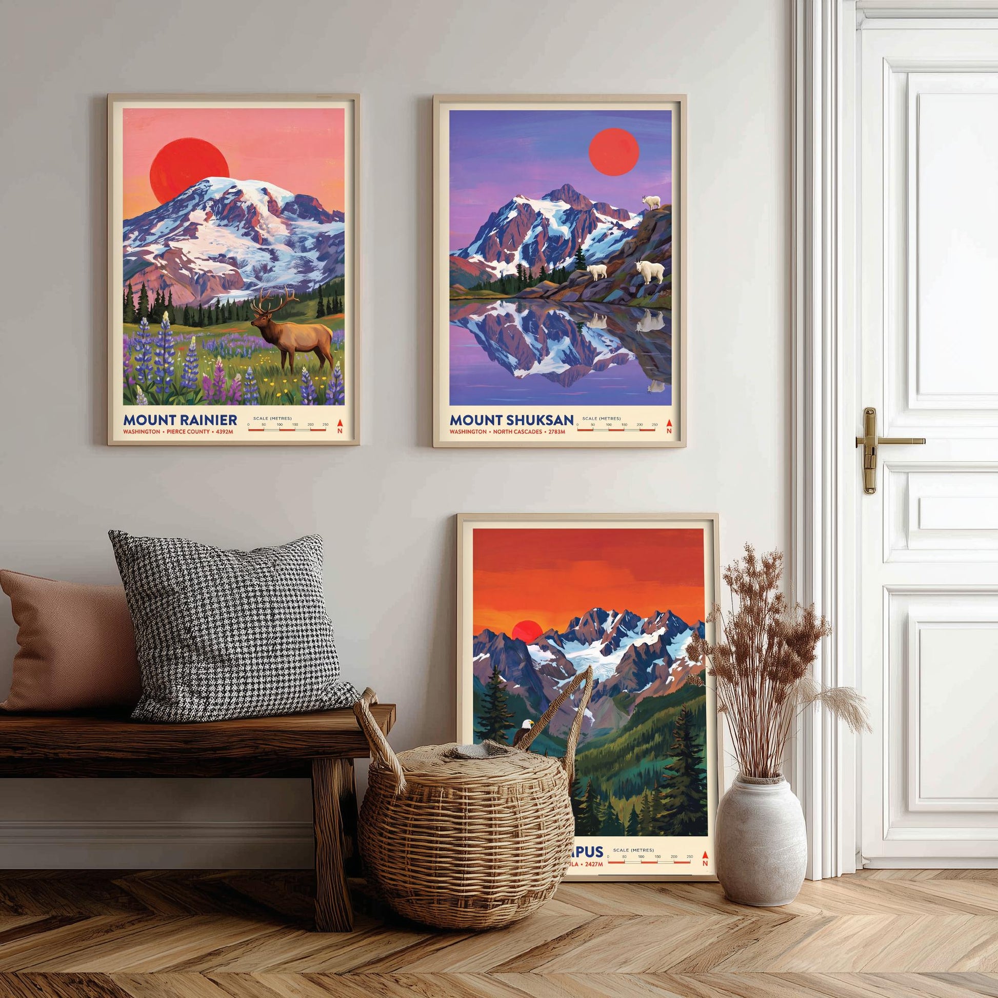 Washington Peaks Set of Three Art Prints - Mount Rainier, Mount Shuksan, Mount Olympus - USA Mountain Travel Posters - Painting
