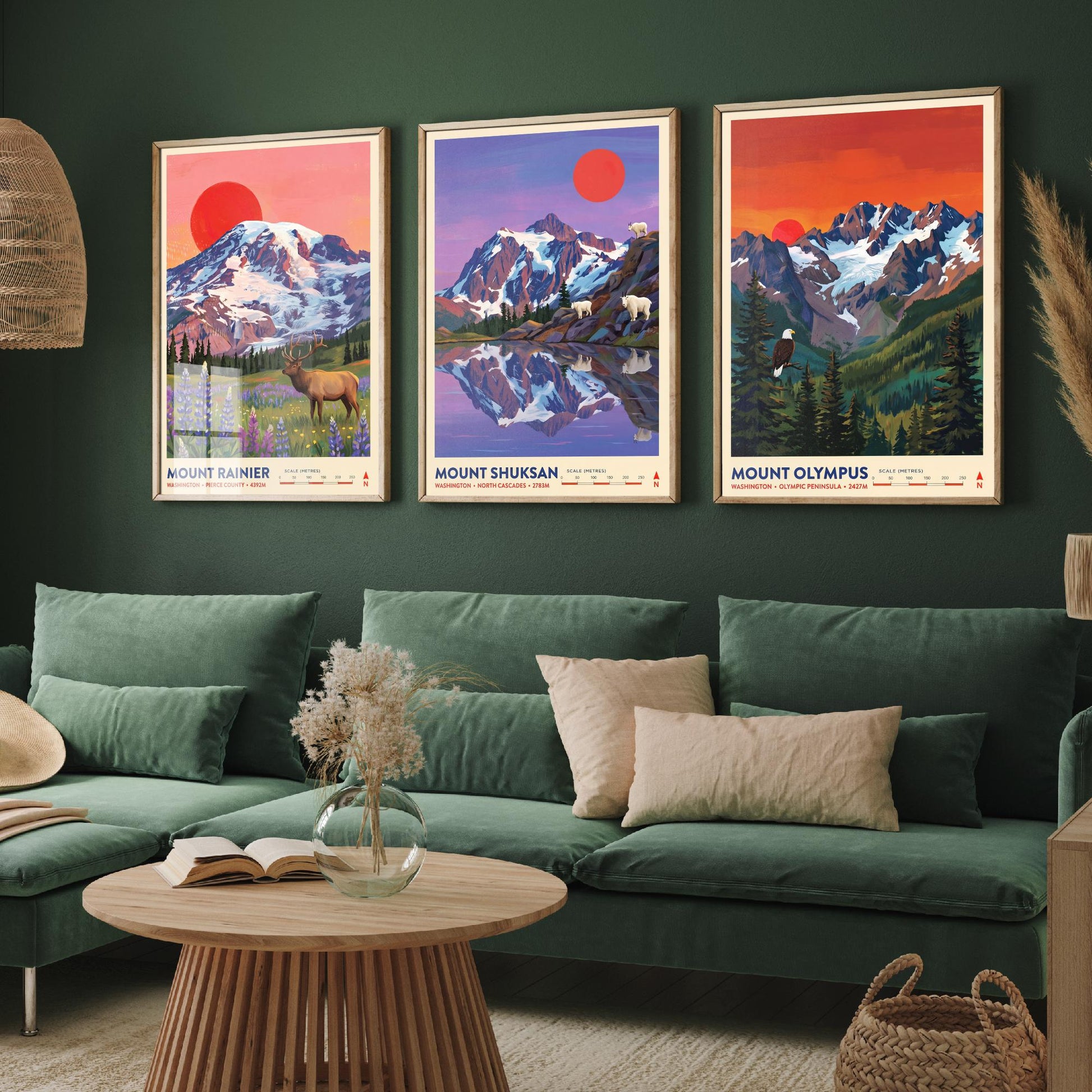 Washington Peaks Set of Three Art Prints - Mount Rainier, Mount Shuksan, Mount Olympus - USA Mountain Travel Posters - Painting