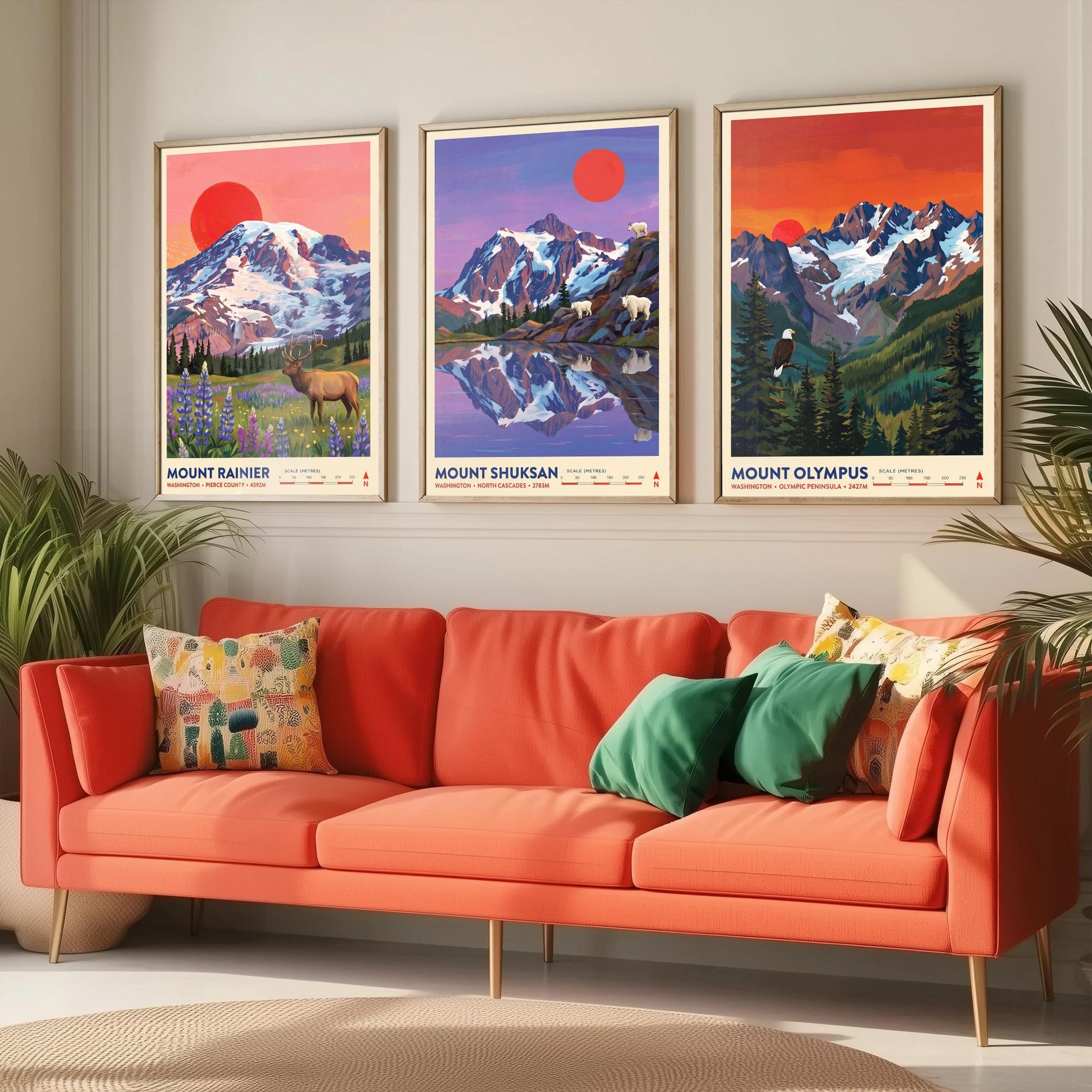 Washington Peaks Set of Three Art Prints - Mount Rainier, Mount Shuksan, Mount Olympus - USA Mountain Travel Posters - Painting