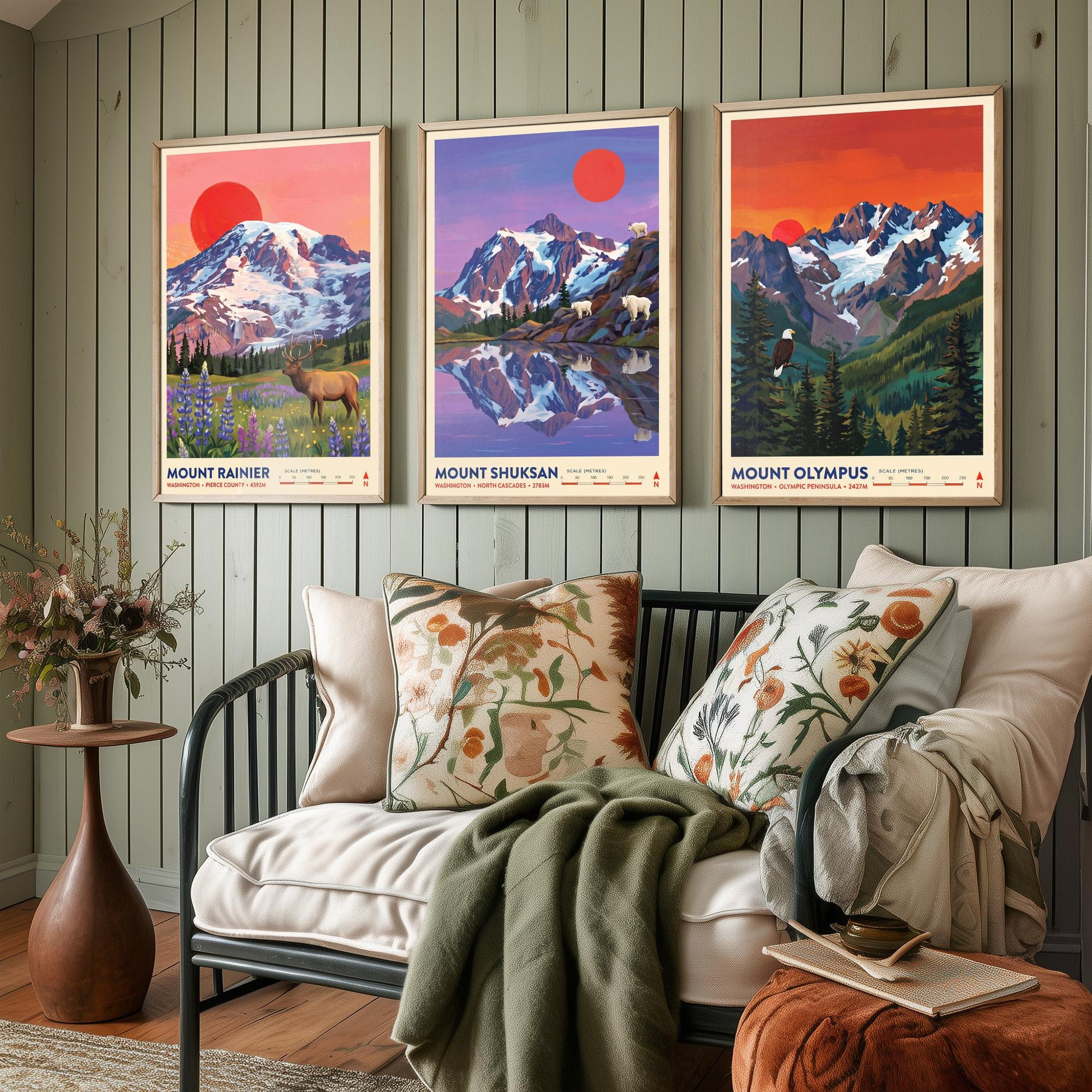 Washington Peaks Set of Three Art Prints - Mount Rainier, Mount Shuksan, Mount Olympus - USA Mountain Travel Posters - Painting