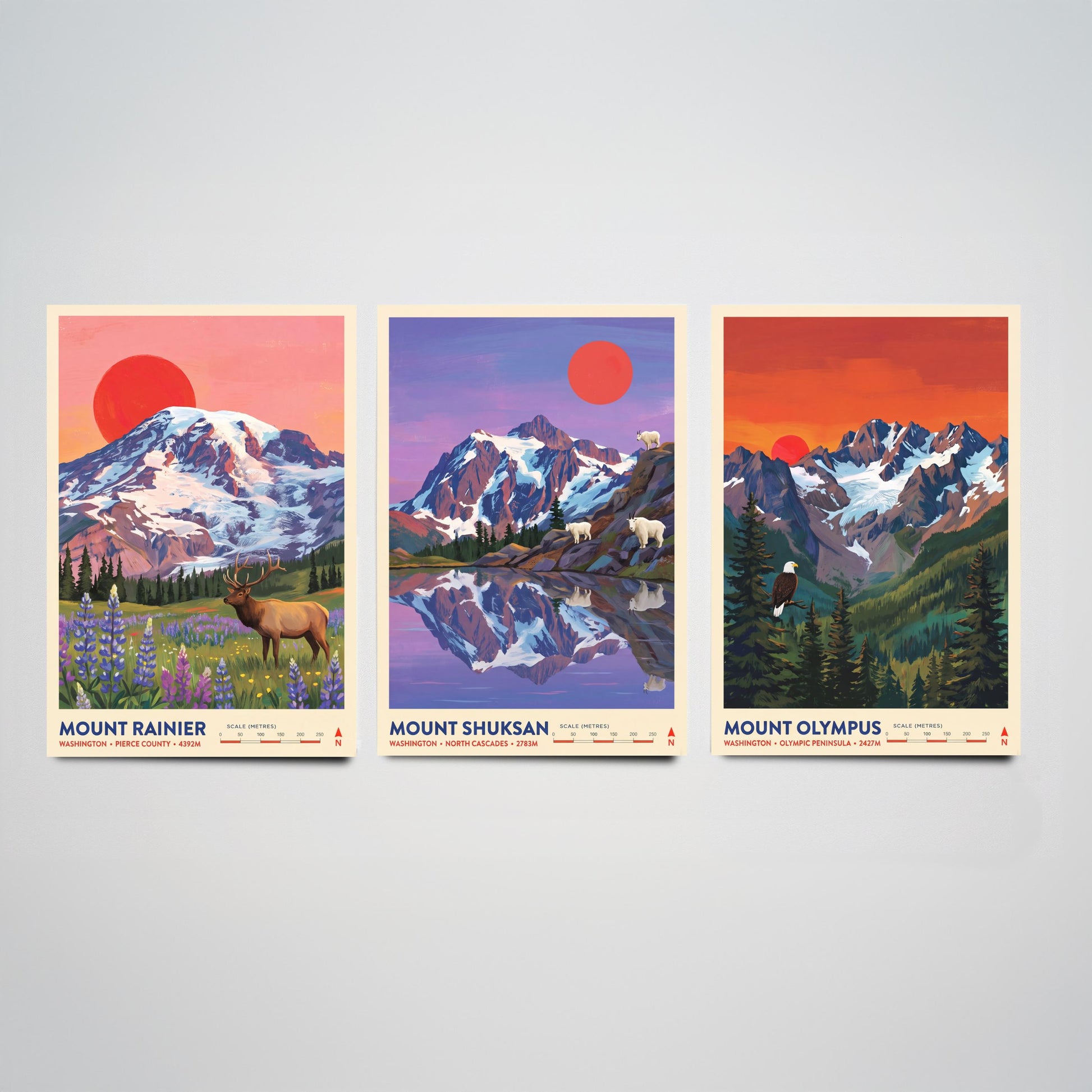 Washington Peaks Set of Three Art Prints - Mount Rainier, Mount Shuksan, Mount Olympus - USA Mountain Travel Posters - Painting