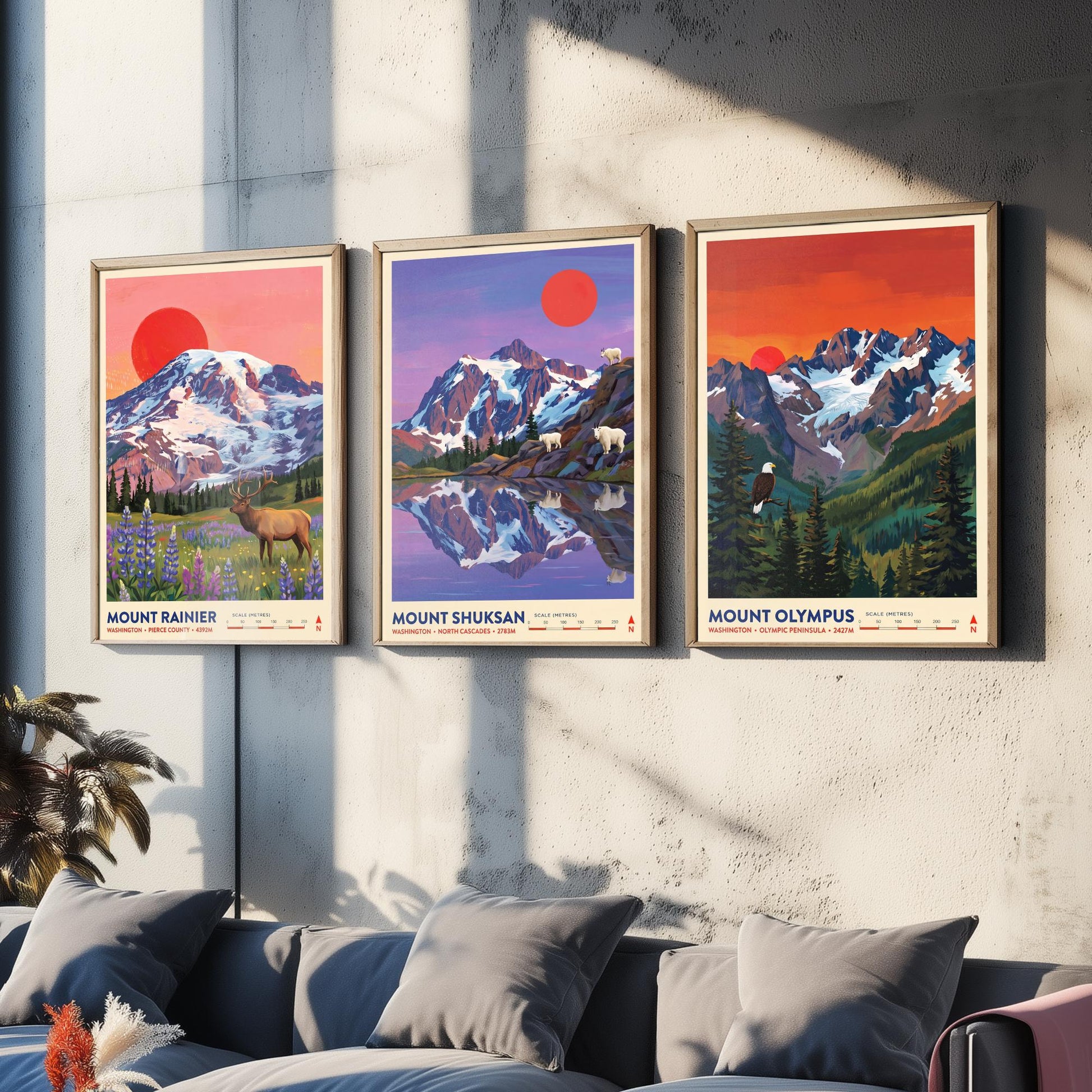 Washington Peaks Set of Three Art Prints - Mount Rainier, Mount Shuksan, Mount Olympus - USA Mountain Travel Posters - Painting