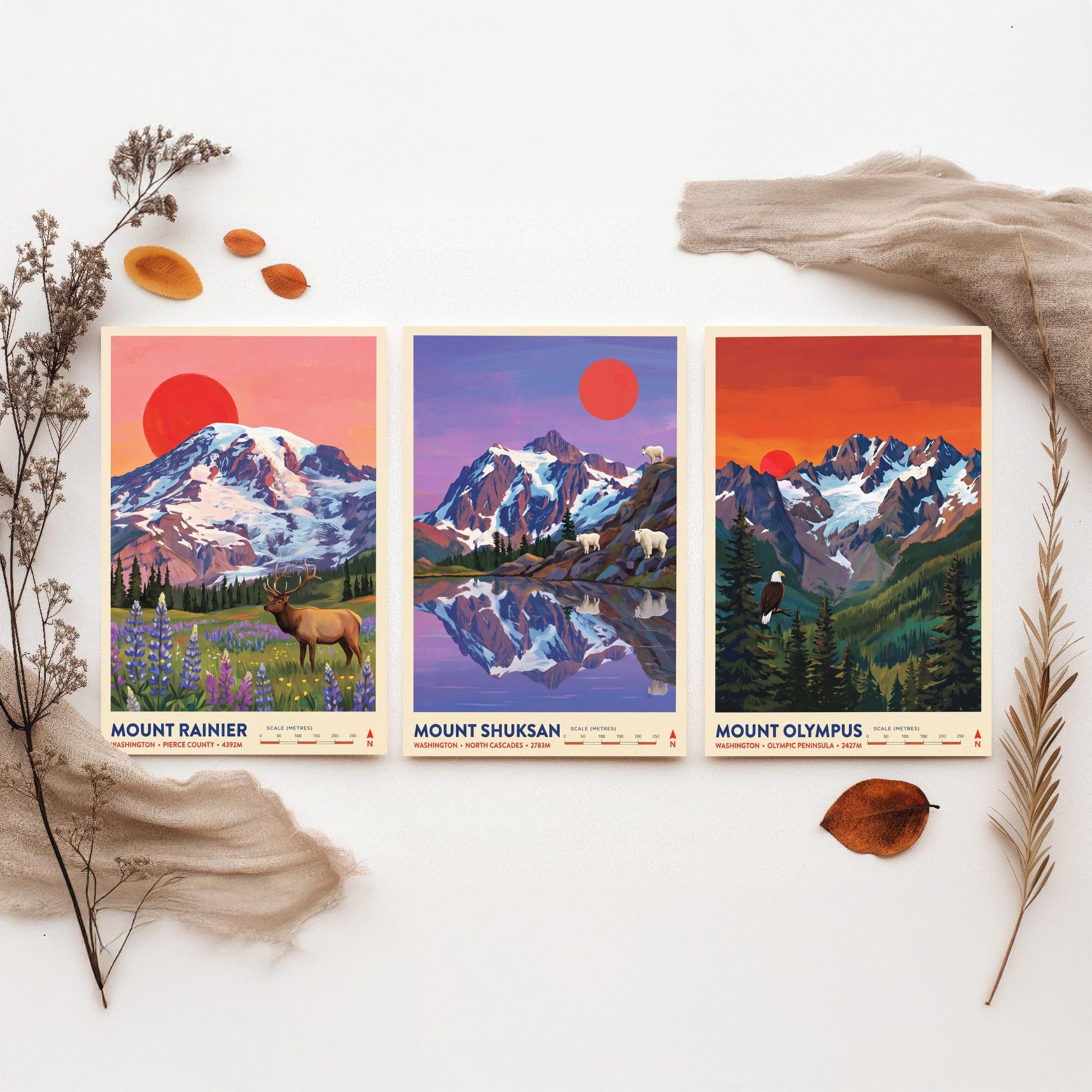 Washington Peaks Set of Three Art Prints - Mount Rainier, Mount Shuksan, Mount Olympus - USA Mountain Travel Posters - Painting