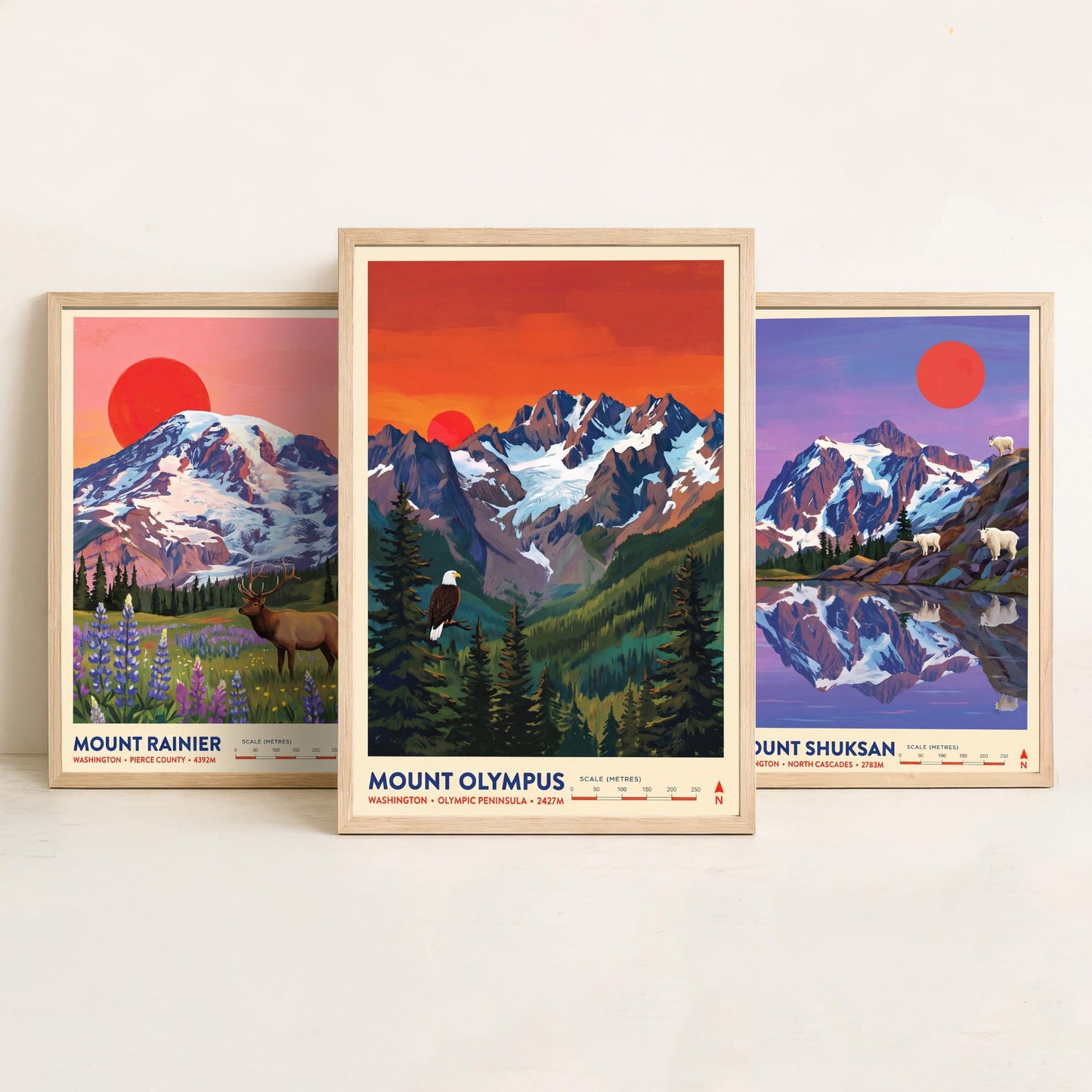 Washington Peaks Set of Three Art Prints - Mount Rainier, Mount Shuksan, Mount Olympus - USA Mountain Travel Posters - Painting