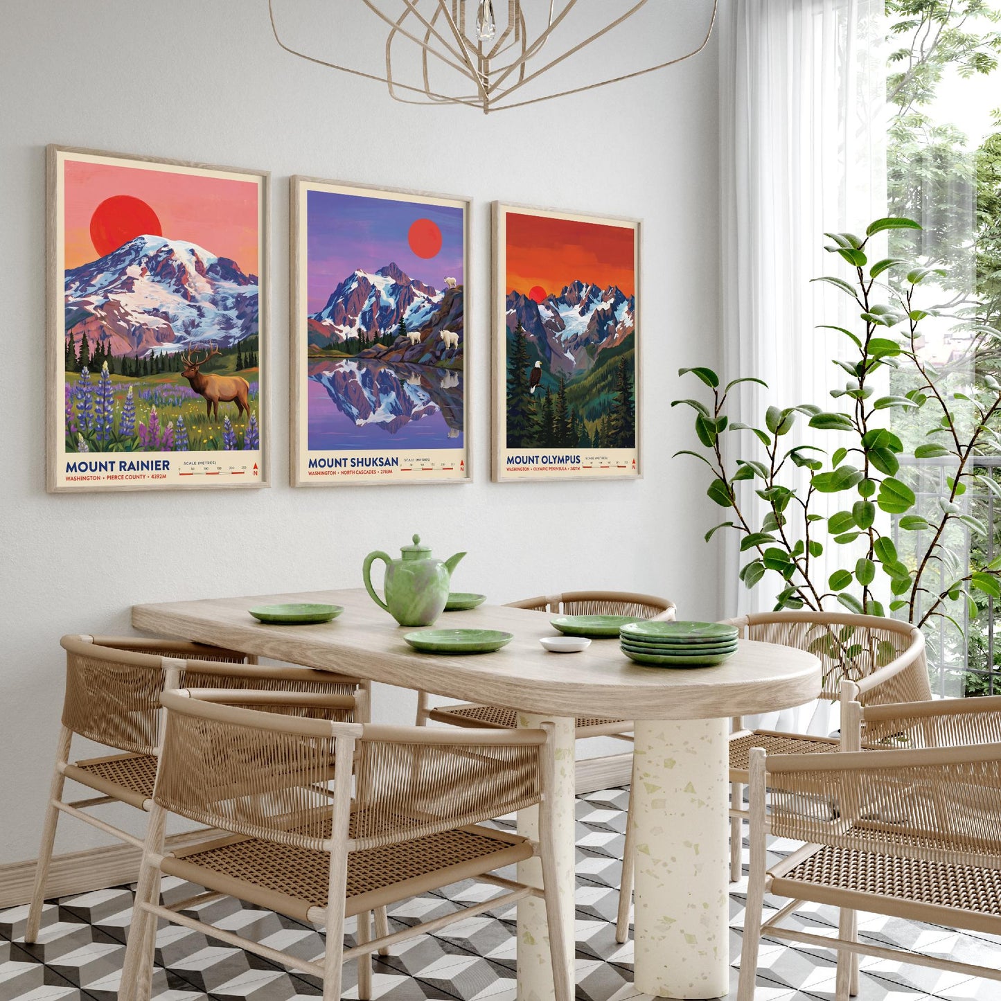Washington Peaks Set of Three Art Prints - Mount Rainier, Mount Shuksan, Mount Olympus - USA Mountain Travel Posters - Painting