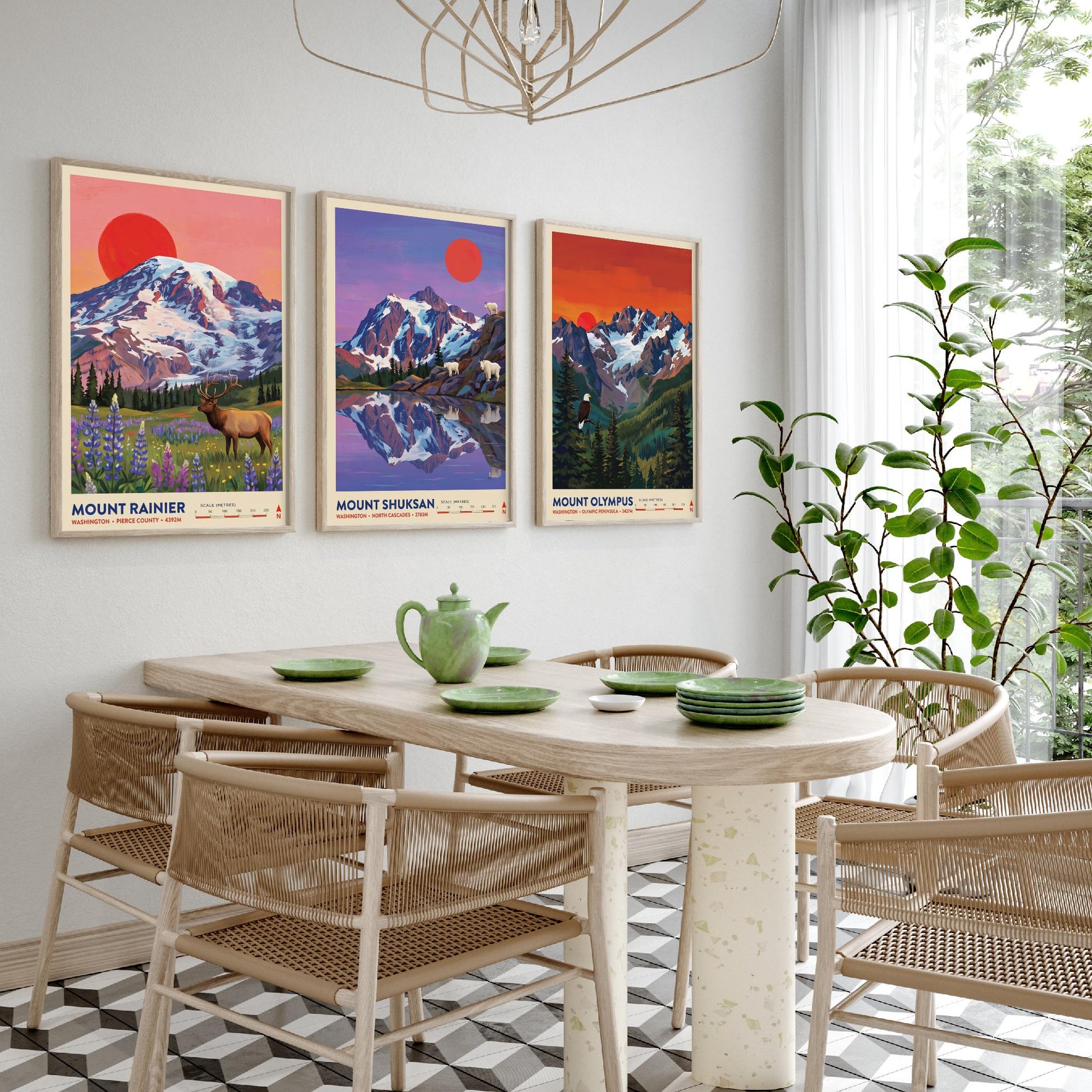 Washington Peaks Set of Three Art Prints - Mount Rainier, Mount Shuksan, Mount Olympus - USA Mountain Travel Posters - Painting