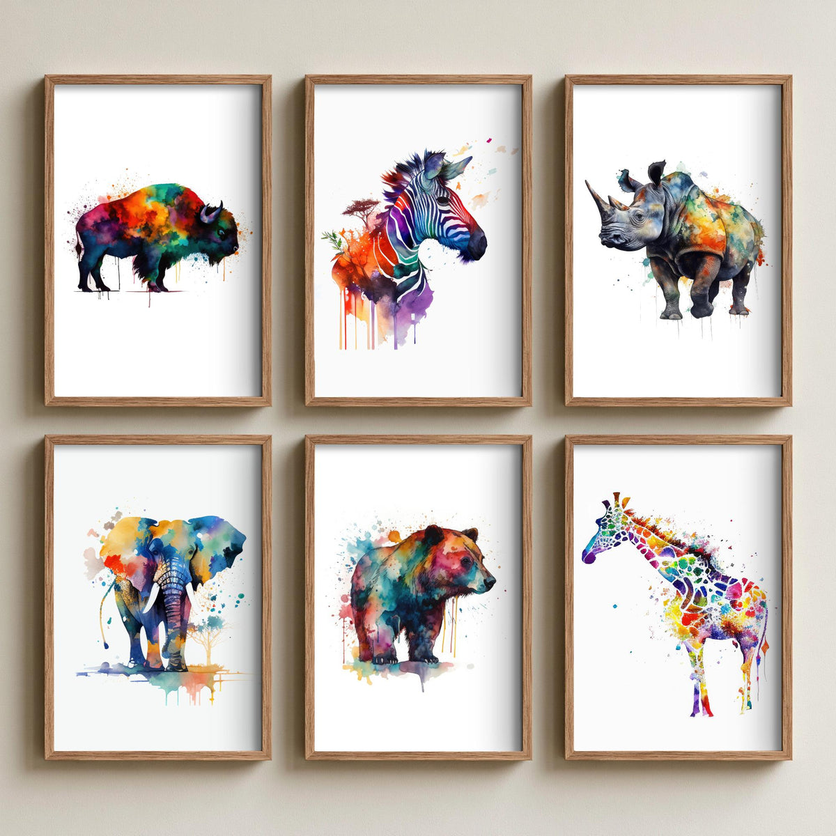 Set of Six Rainbow Watercolour Animal Art Prints - 6 Splash Paint Posters - Bison, Zebra, Rhino, Elephant, Bear, Giraffe Painting