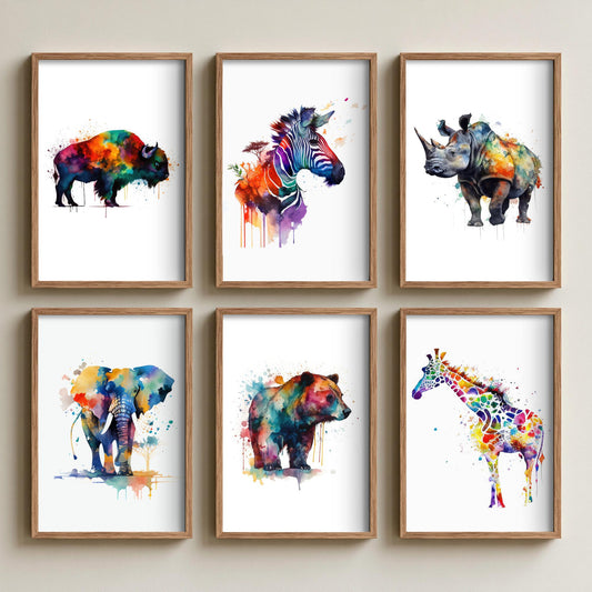 Set of Six Rainbow Watercolour Animal Art Prints - 6 Splash Paint Posters - Bison, Zebra, Rhino, Elephant, Bear, Giraffe Painting