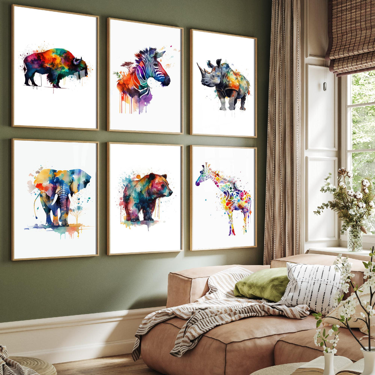 Set of Six Rainbow Watercolour Animal Art Prints - 6 Splash Paint Posters - Bison, Zebra, Rhino, Elephant, Bear, Giraffe Painting