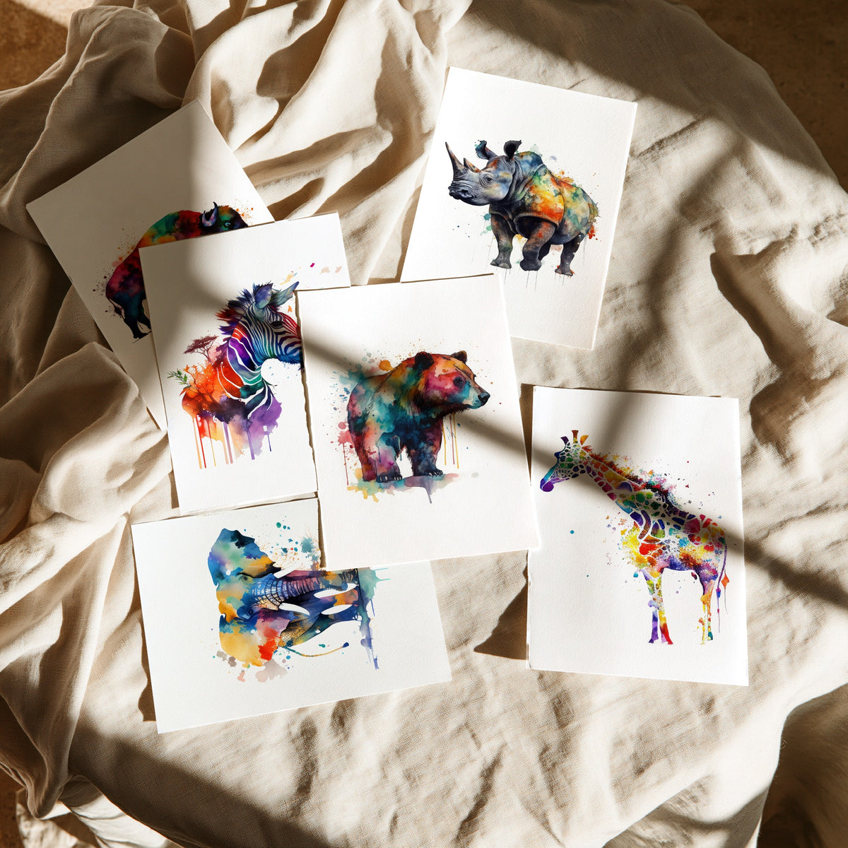 Set of Six Rainbow Watercolour Animal Art Prints - 6 Splash Paint Posters - Bison, Zebra, Rhino, Elephant, Bear, Giraffe Painting