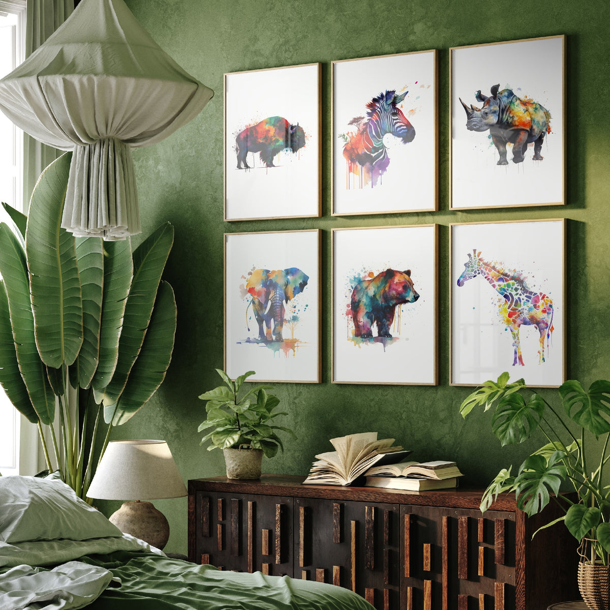 Set of Six Rainbow Watercolour Animal Art Prints - 6 Splash Paint Posters - Bison, Zebra, Rhino, Elephant, Bear, Giraffe Painting