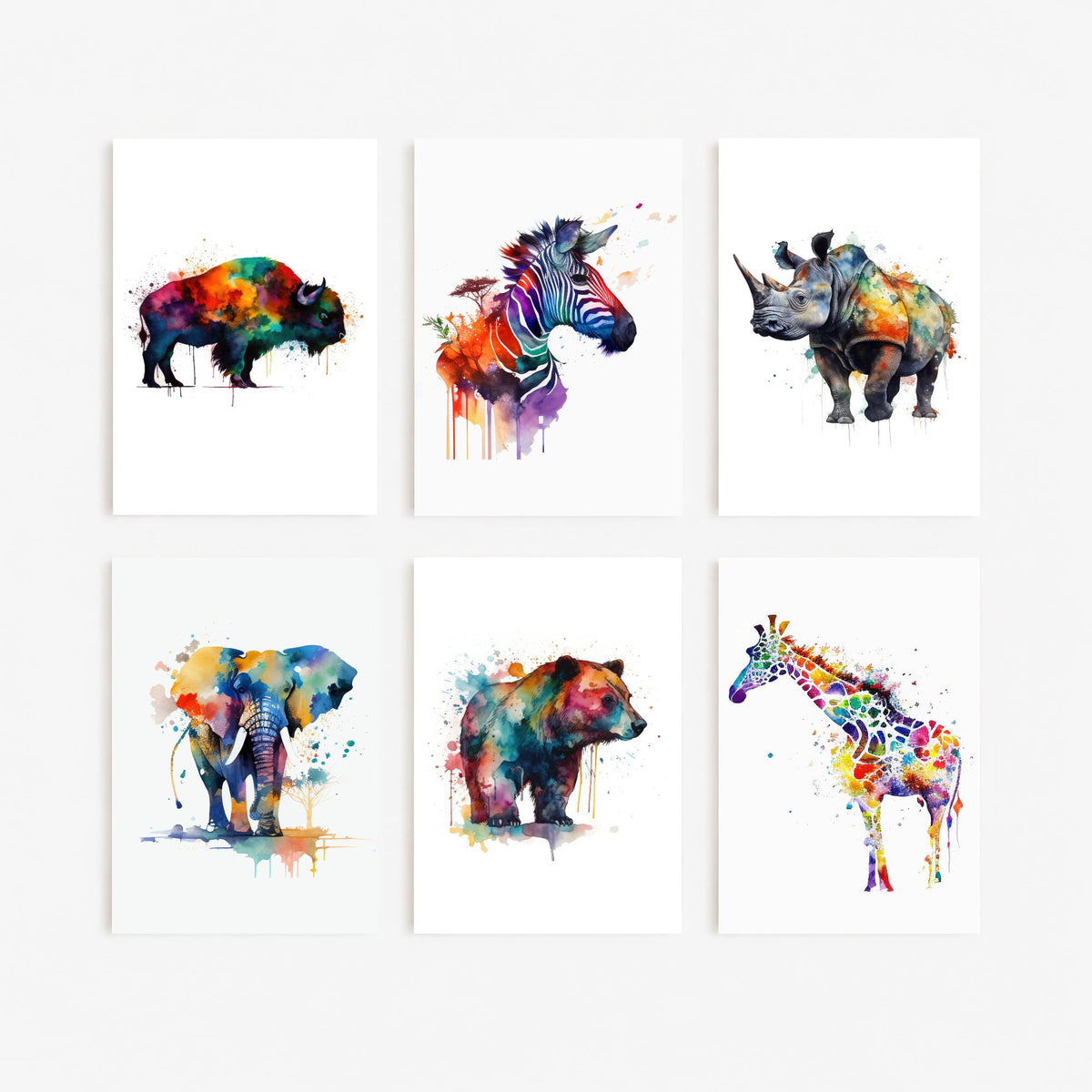 Set of Six Rainbow Watercolour Animal Art Prints - 6 Splash Paint Posters - Bison, Zebra, Rhino, Elephant, Bear, Giraffe Painting