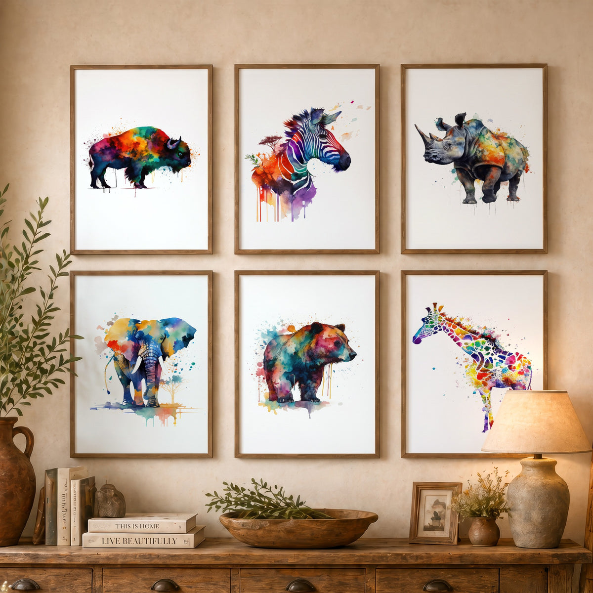 Set of Six Rainbow Watercolour Animal Art Prints - 6 Splash Paint Posters - Bison, Zebra, Rhino, Elephant, Bear, Giraffe Painting
