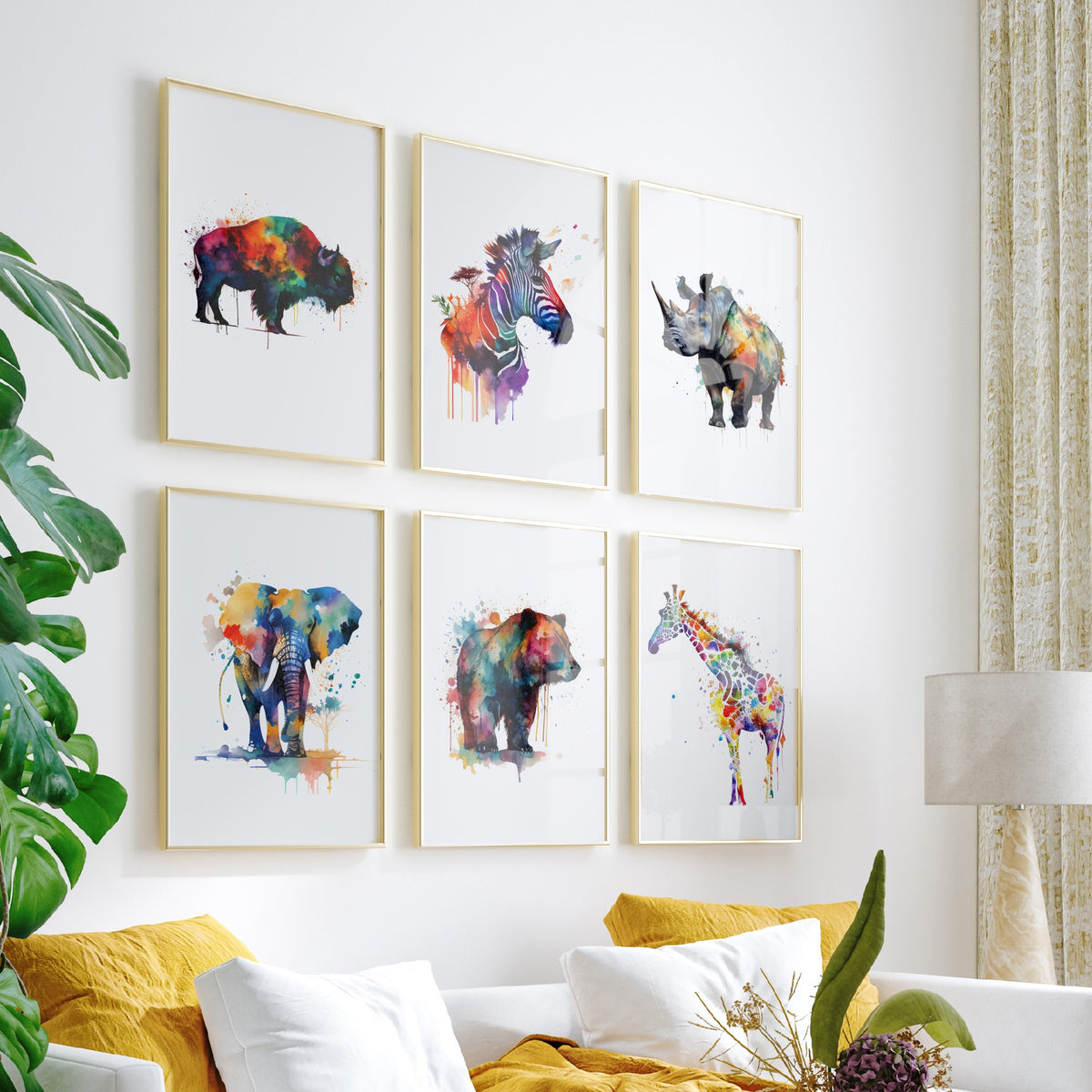 Set of Six Rainbow Watercolour Animal Art Prints - 6 Splash Paint Posters - Bison, Zebra, Rhino, Elephant, Bear, Giraffe Painting