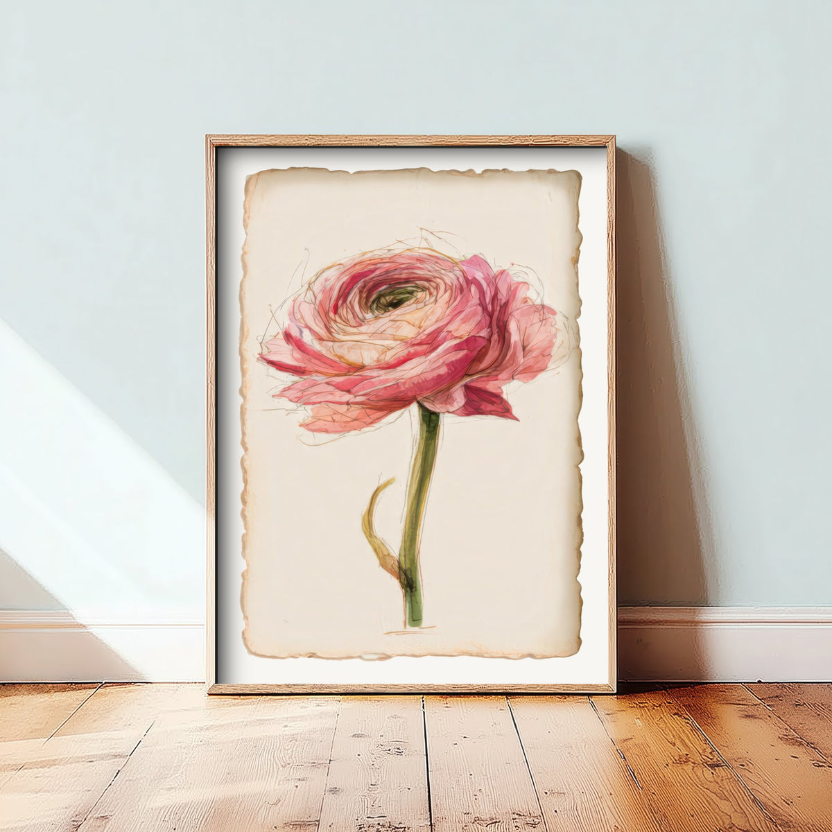 Pink Ranunculus Art Print - Layered Petal Flower Poster - Sketchbook Watercolour Botanical V2 3/3