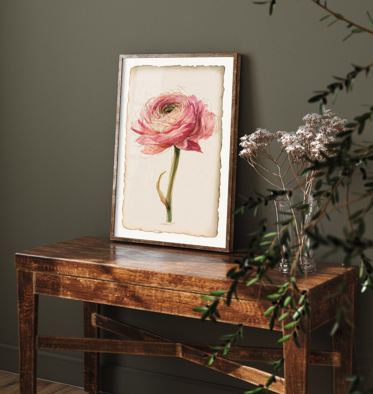 Pink Ranunculus Art Print - Layered Petal Flower Poster - Sketchbook Watercolour Botanical V2 3/3